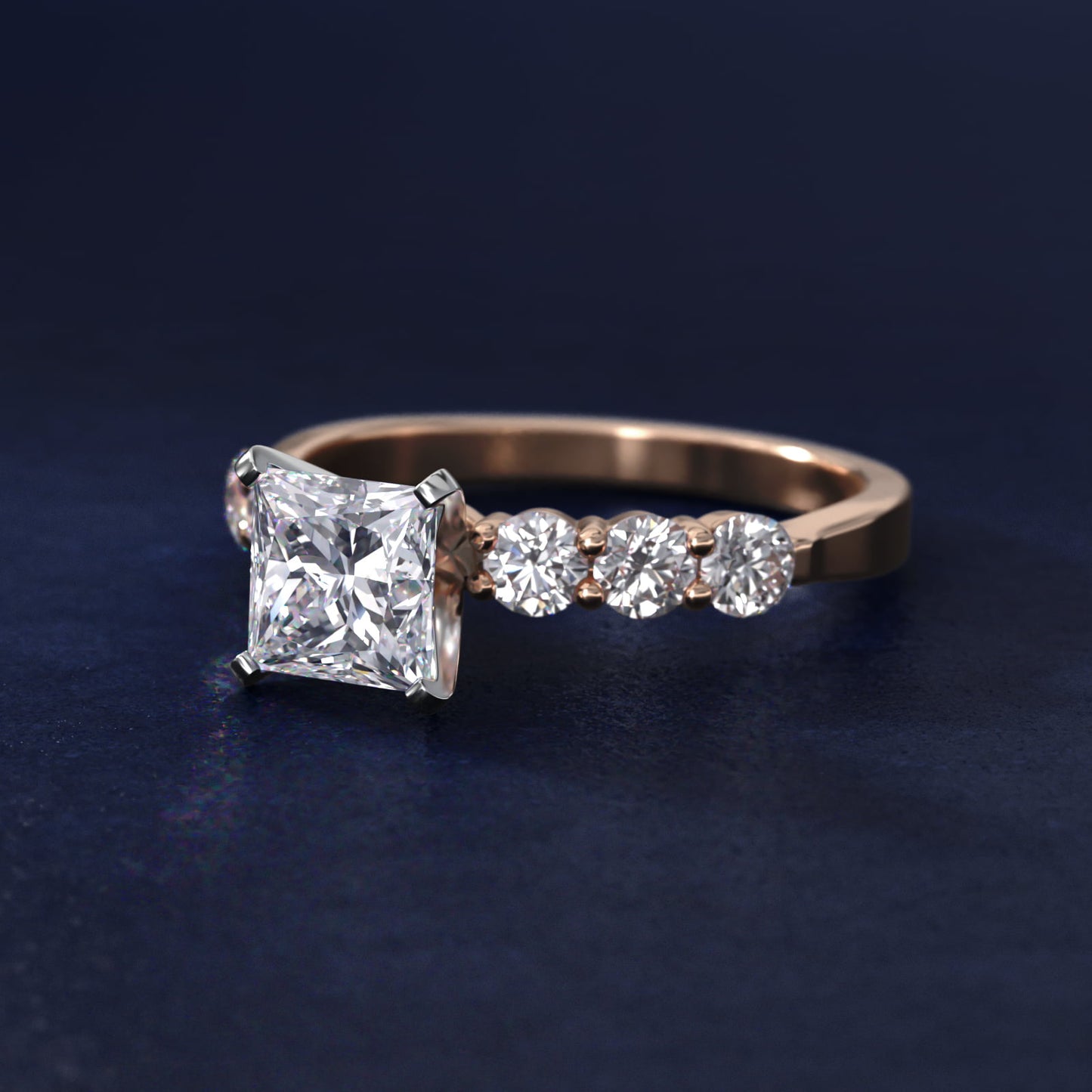 Six Round Side Stone Diamond Common Prong Engagement Ring In 18k Rose Gold By James Allen - Princess Center