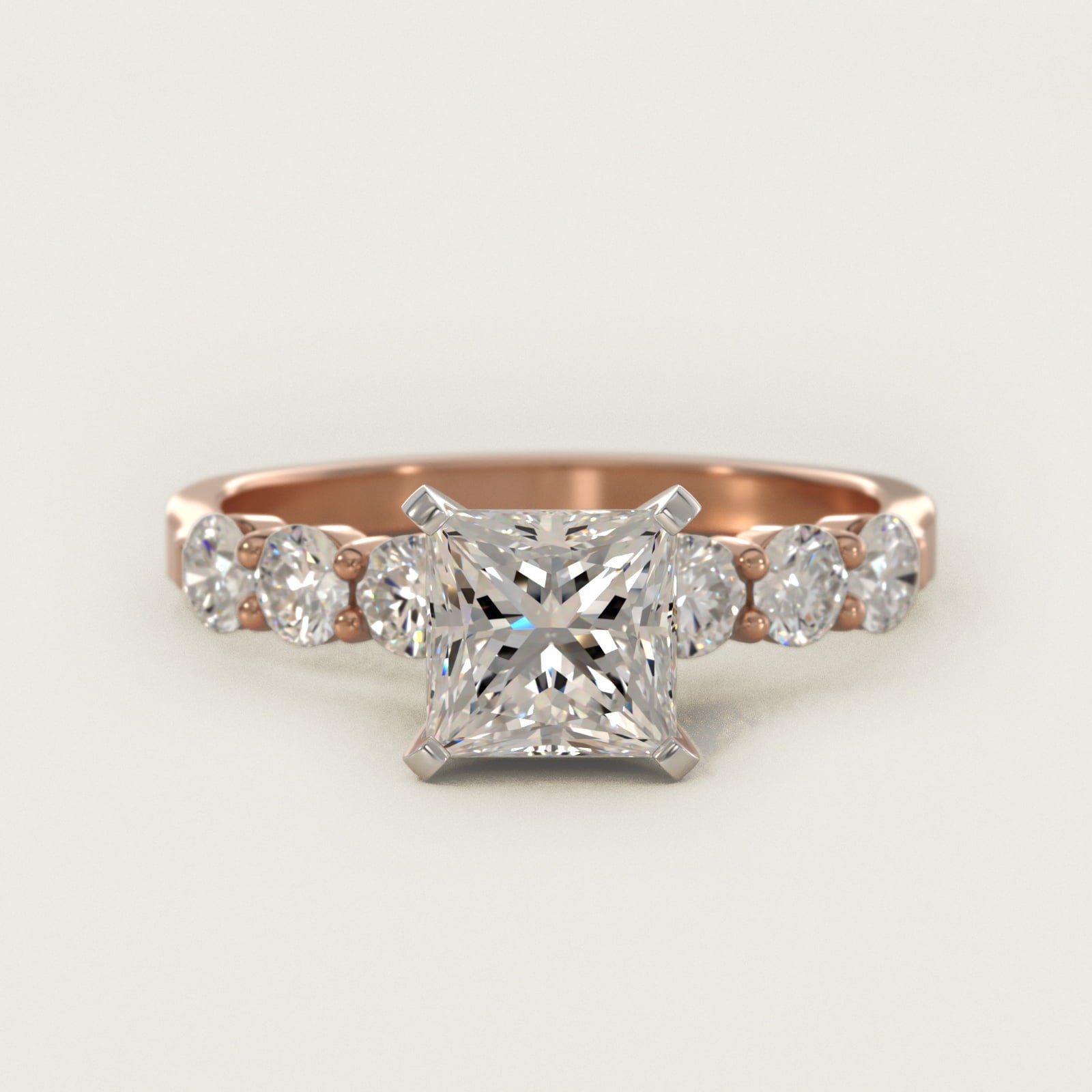 Six Round Side Stone Diamond Common Prong Engagement Ring In 14K Rose Gold By James Allen - Princess Center
