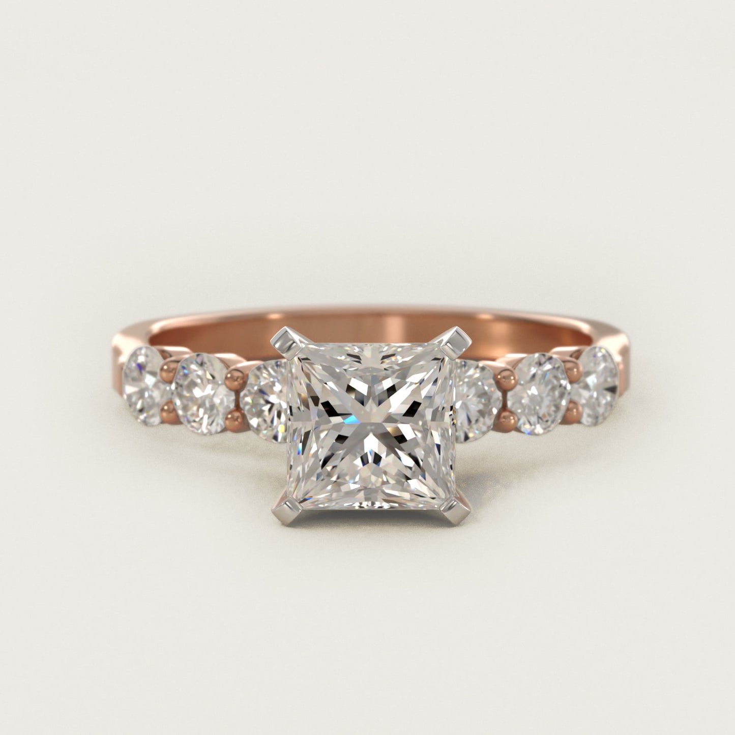 Six Round Side Stone Diamond Common Prong Engagement Ring In 18k Rose Gold By James Allen - Princess Center