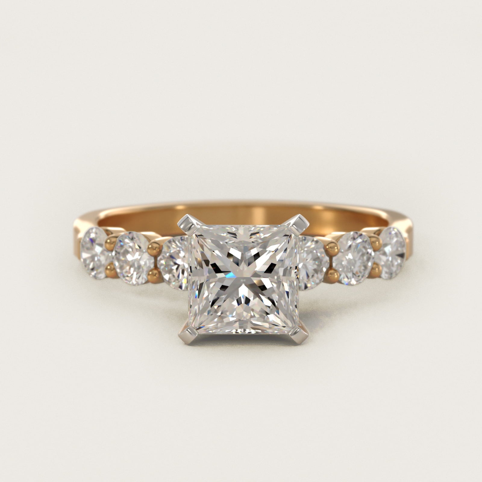 Six Round Side Stone Diamond Common Prong Engagement Ring In 18k Yellow Gold By James Allen - Princess Center
