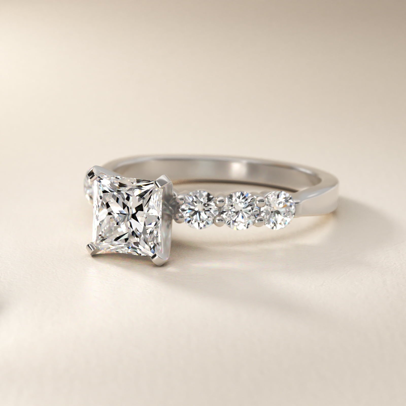 Six Round Side Stone Diamond Common Prong Engagement Ring In Platinum By James Allen - Princess Center
