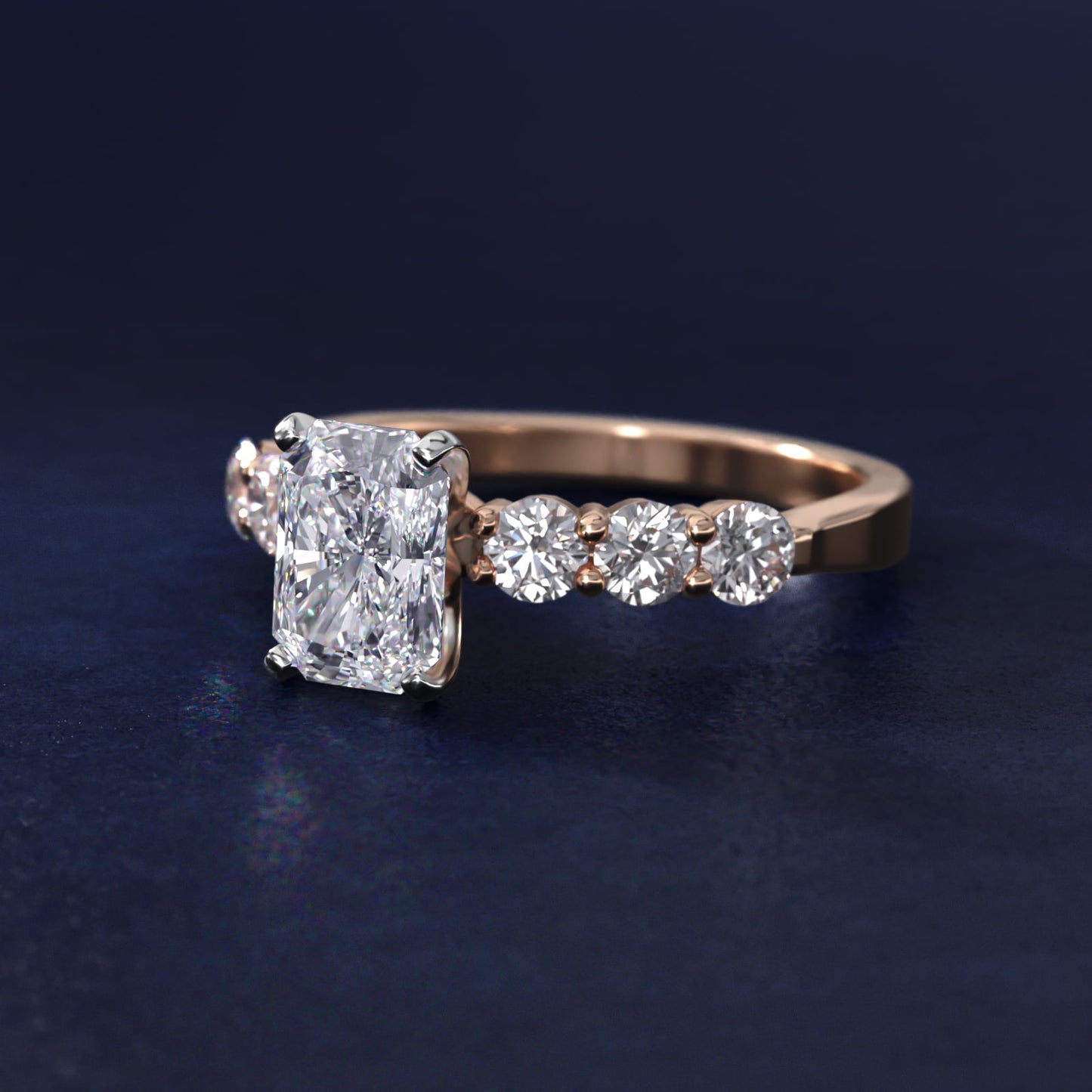 Six Round Side Stone Diamond Common Prong Engagement Ring In 14K Rose Gold By James Allen - Radiant Center