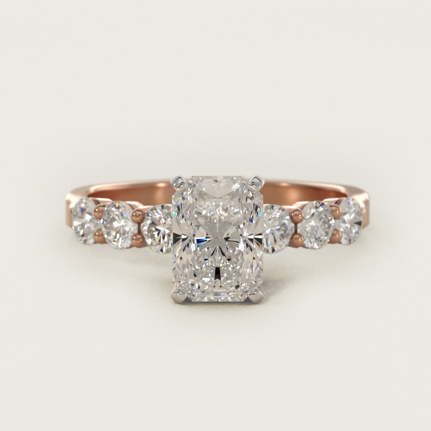 Six Round Side Stone Diamond Common Prong Engagement Ring In 14K Rose Gold By James Allen - Radiant Center