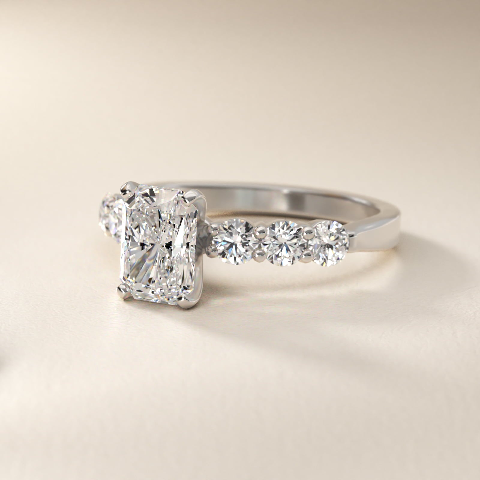 Six Round Side Stone Diamond Common Prong Engagement Ring In Platinum By James Allen - Radiant Center