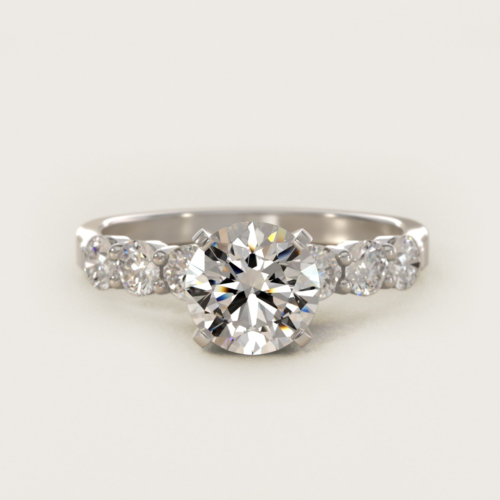 Six Round Side Stone Diamond Common Prong Engagement Ring In 14K White Gold By James Allen - Round Center