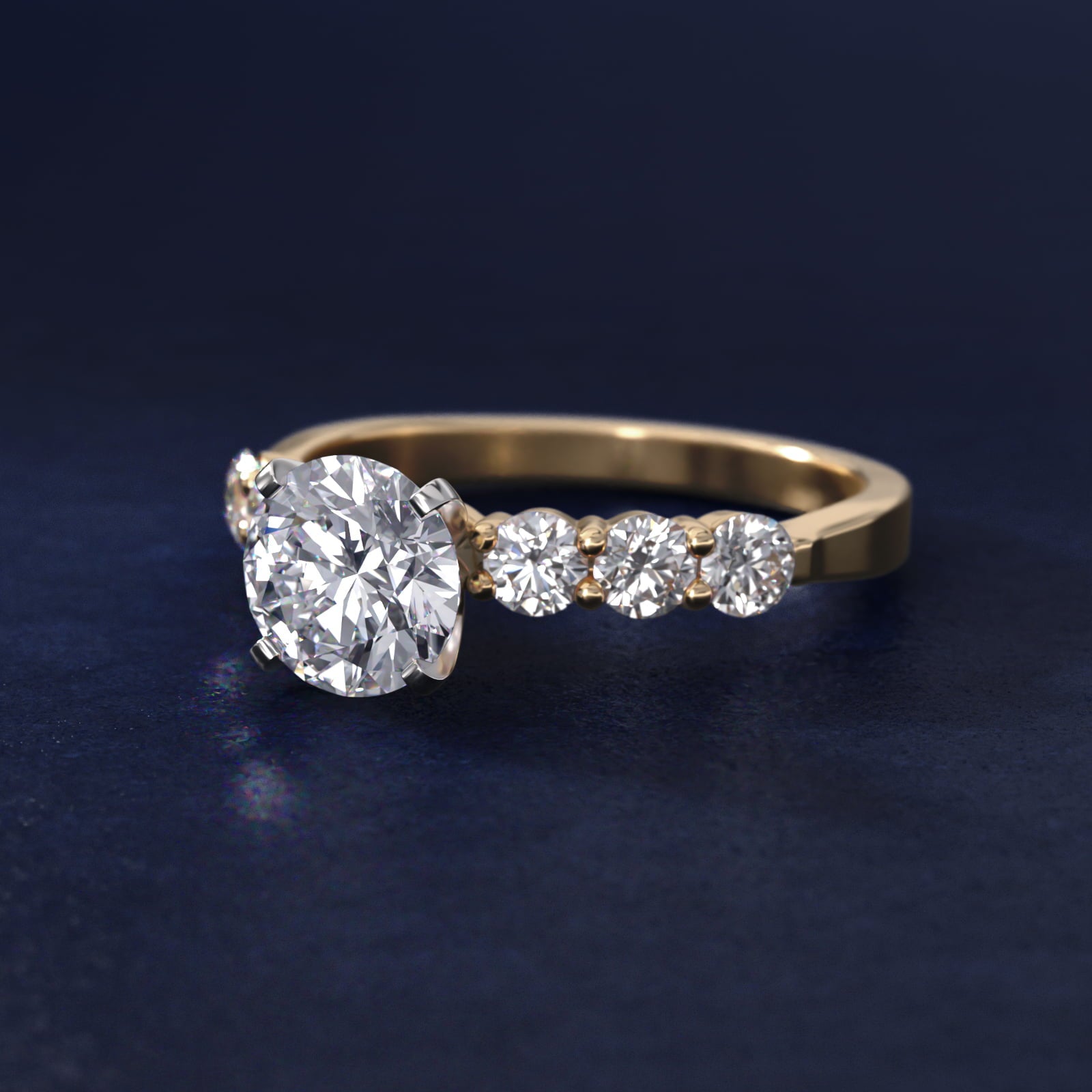 Six Round Side Stone Diamond Common Prong Engagement Ring In 14K Yellow Gold By James Allen - Round Center