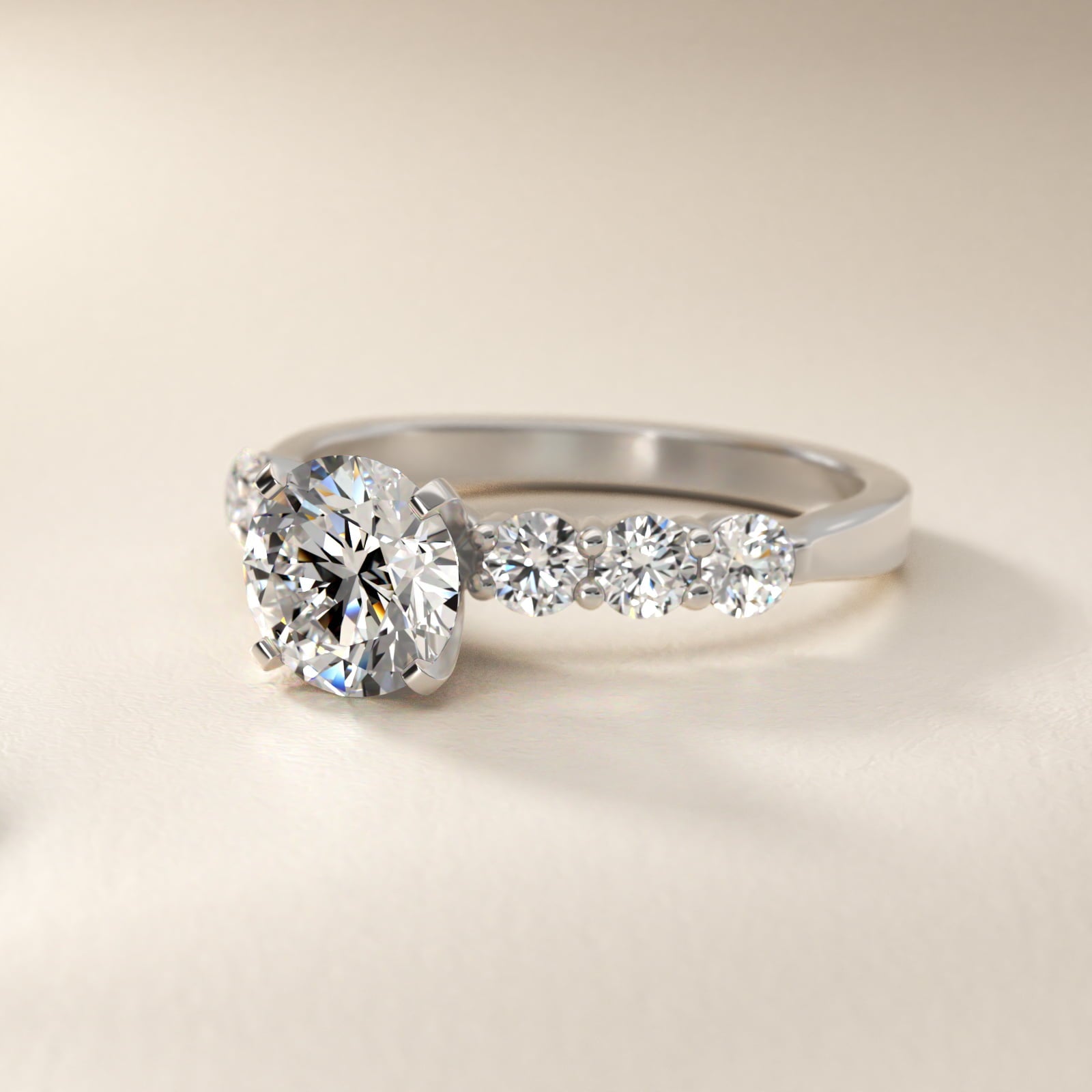 Six Round Side Stone Diamond Common Prong Engagement Ring In Platinum By James Allen - Round Center