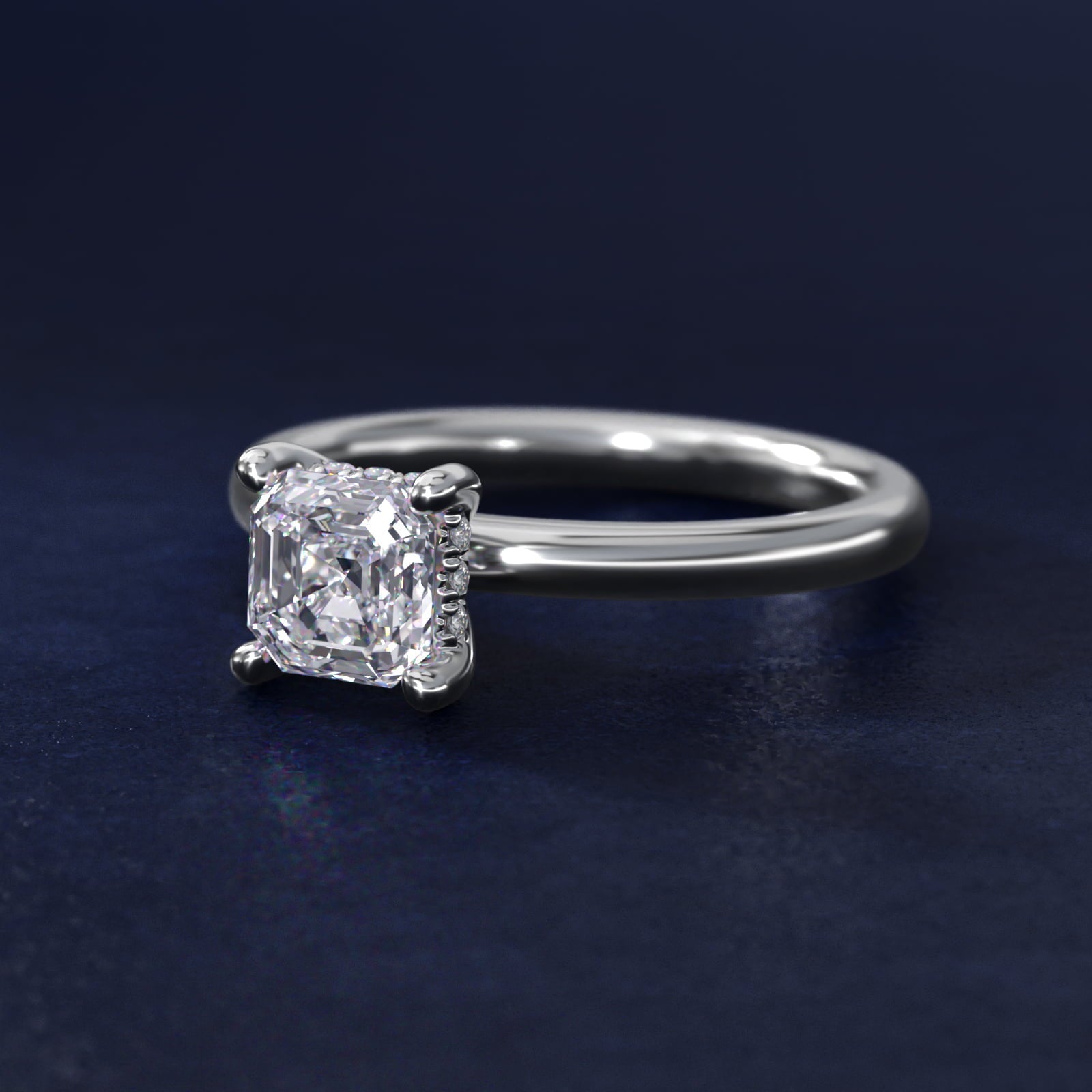 Solitaire Plus Hidden Halo Diamond Engagement Ring in 18k White Gold - Asscher Center