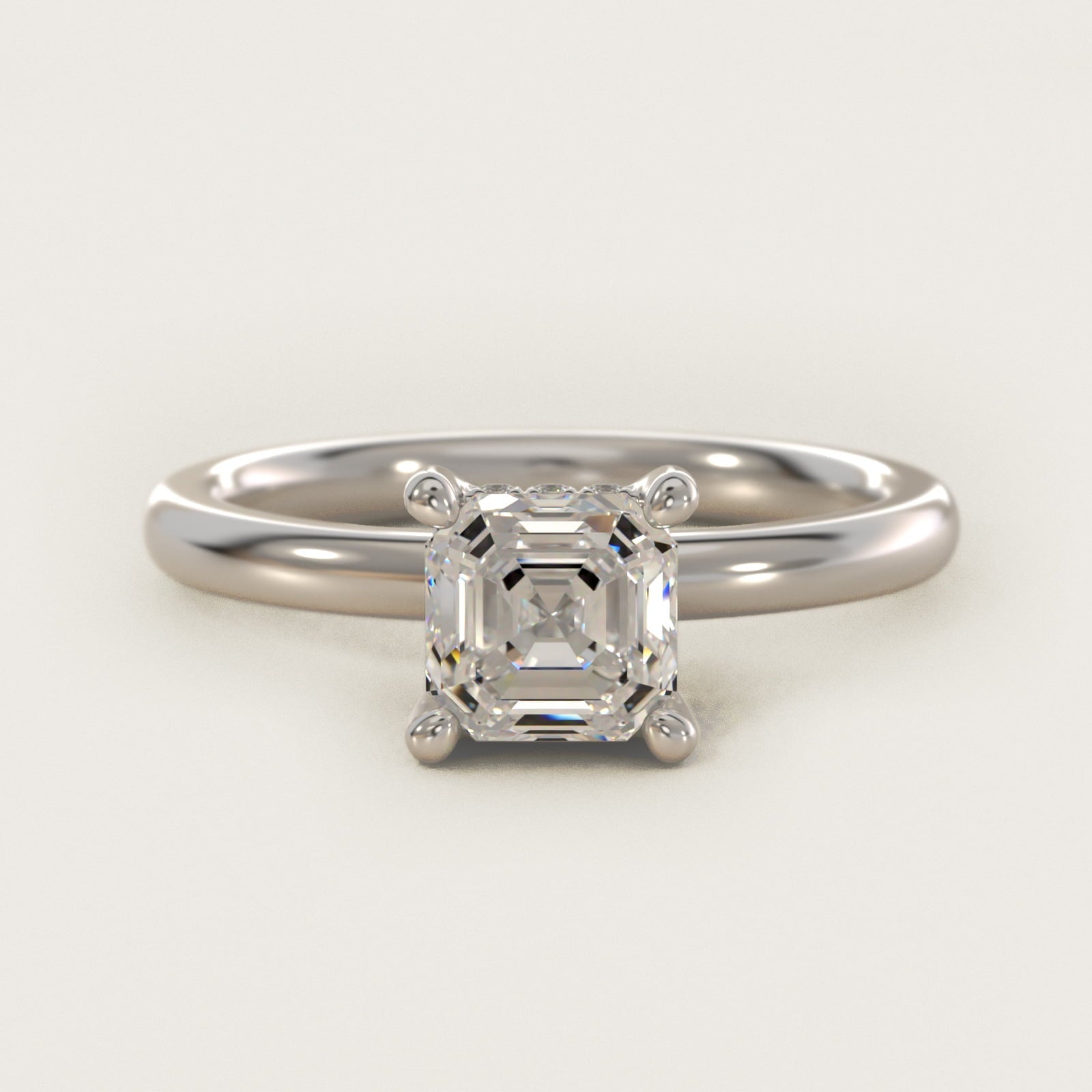 Solitaire Plus Hidden Halo Diamond Engagement Ring in 18k White Gold - Asscher Center