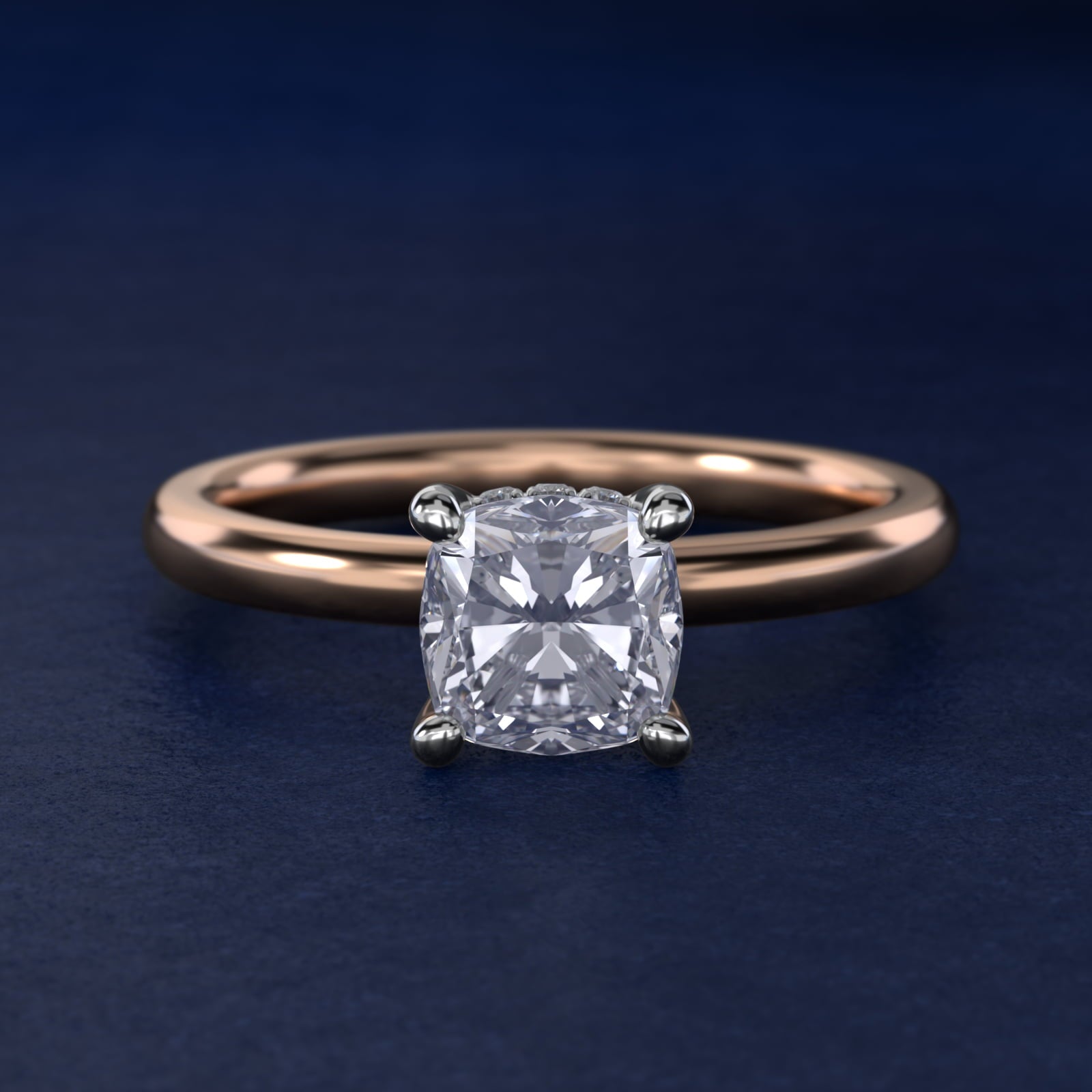 Solitaire Plus Hidden Halo Diamond Engagement Ring in 14k Rose Gold - Cushion Center