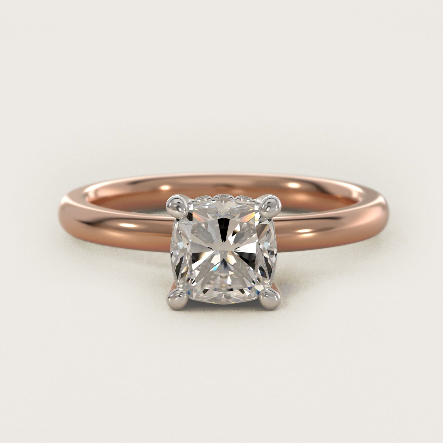 Solitaire Plus Hidden Halo Diamond Engagement Ring in 14k Rose Gold - Cushion Center