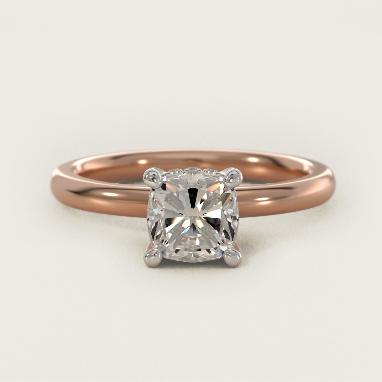 Solitaire Plus Hidden Halo Diamond Engagement Ring in 14k Rose Gold - Cushion Center