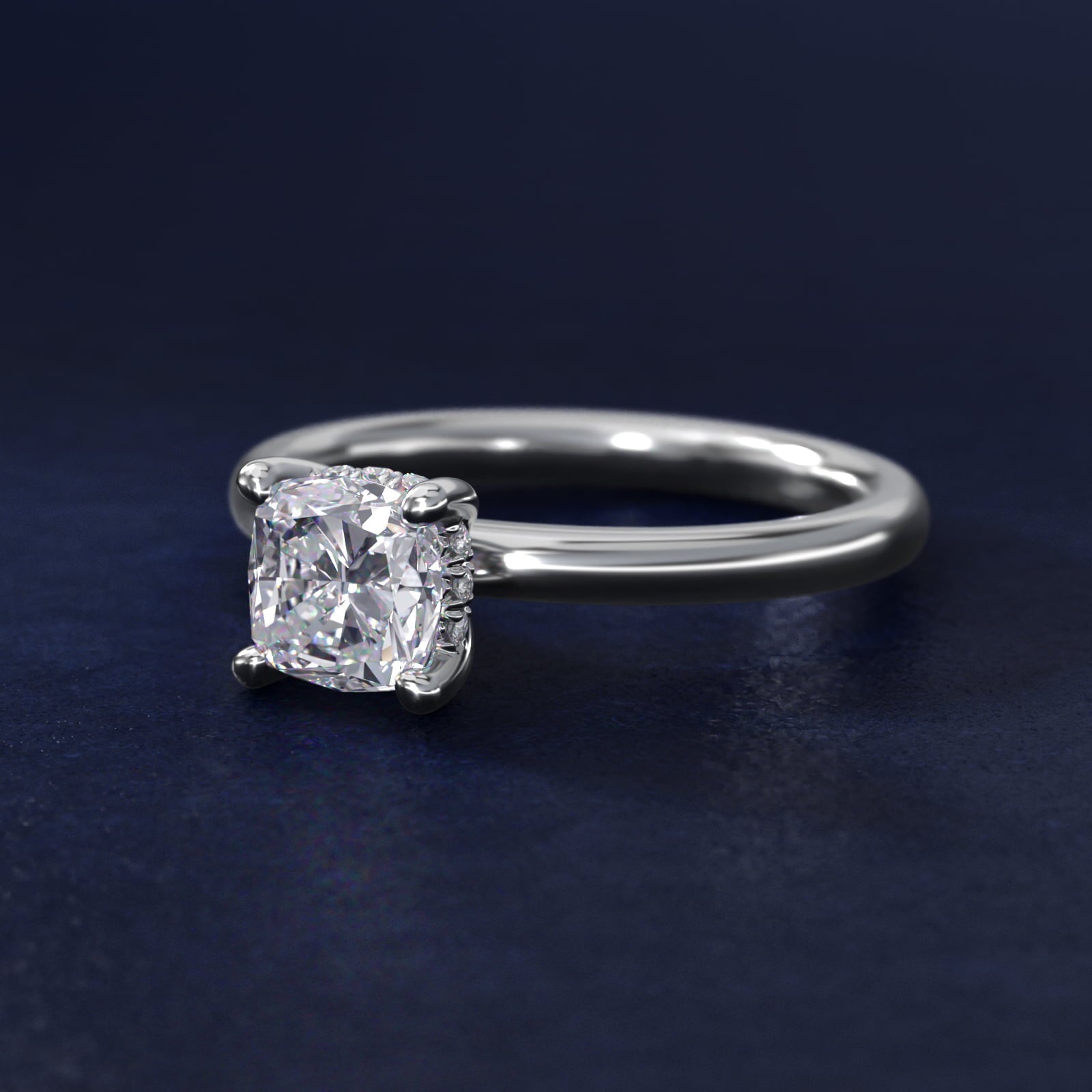 Solitaire Plus Hidden Halo Diamond Engagement Ring in 18k White Gold - Cushion Center
