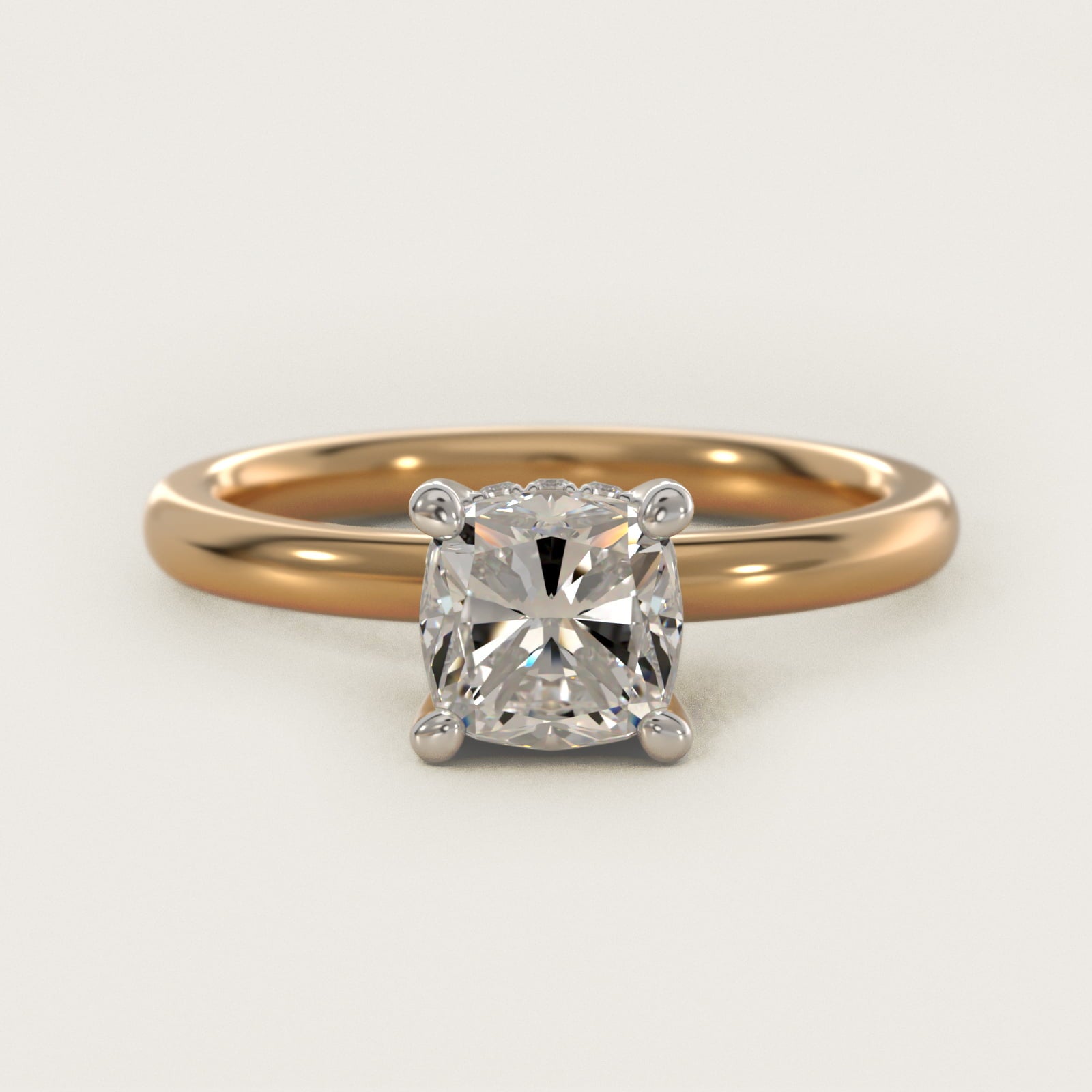 Solitaire Plus Hidden Halo Diamond Engagement Ring in 14k Yellow Gold - Cushion Center