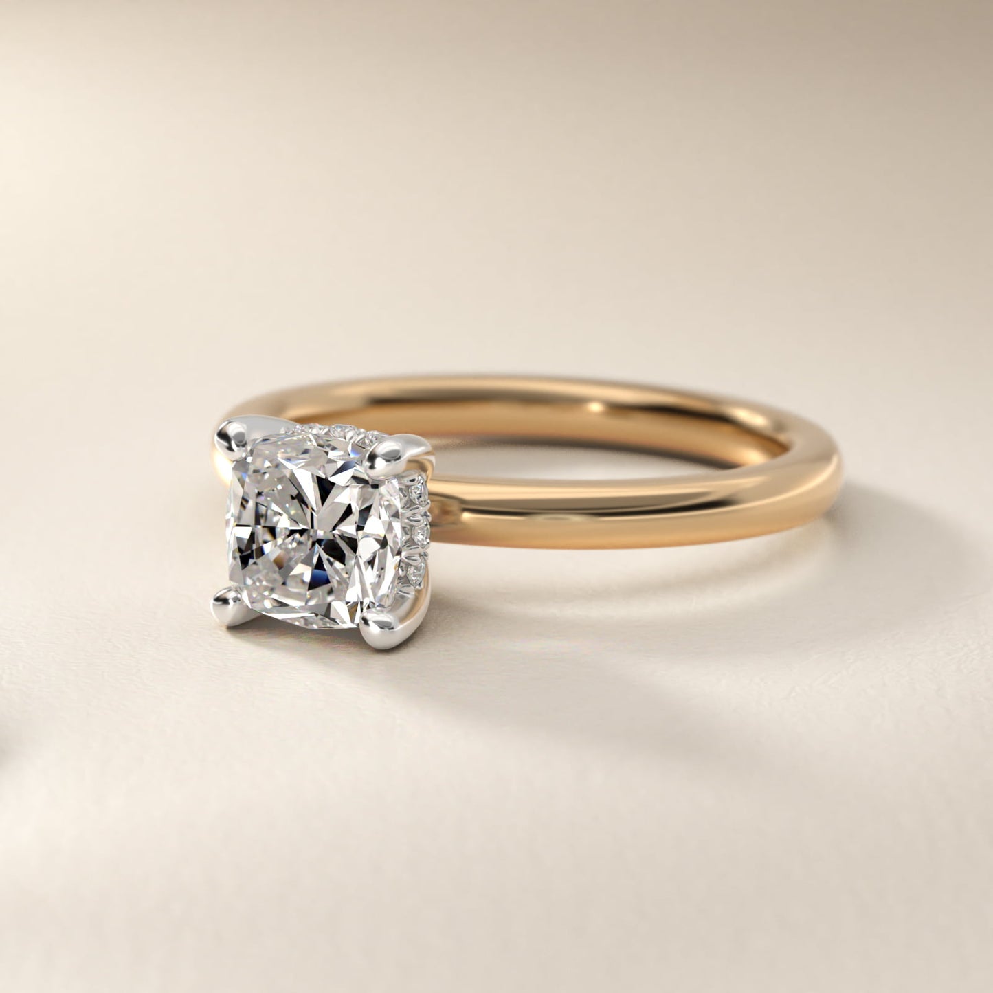 Solitaire Plus Hidden Halo Diamond Engagement Ring in 14k Yellow Gold - Cushion Center