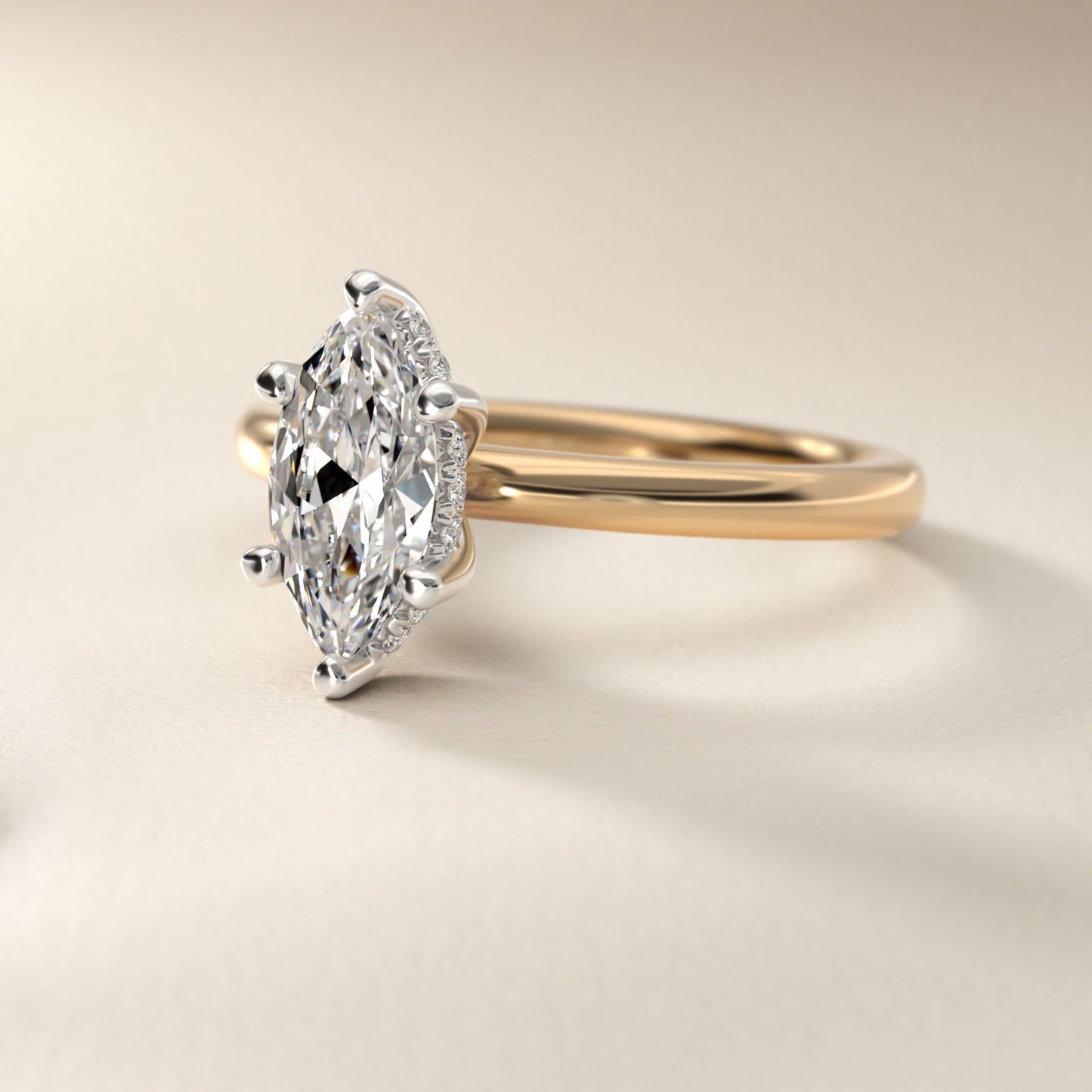 Solitaire Plus Hidden Halo Diamond Engagement Ring in 18k Yellow Gold - Marquise Center