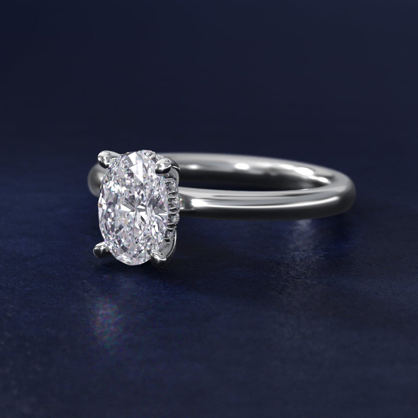 Solitaire Plus Hidden Halo Diamond Engagement Ring in 18k White Gold - Oval Center