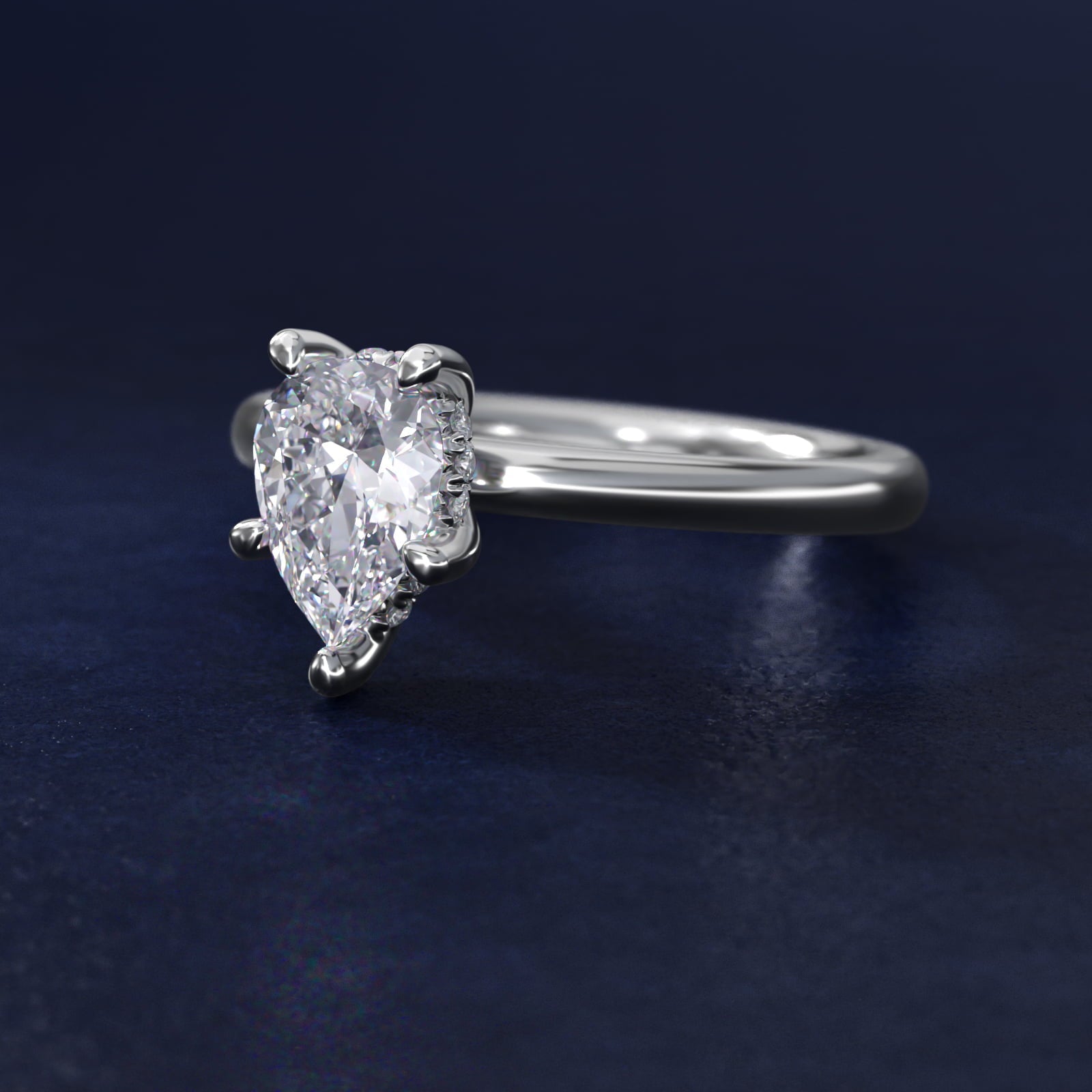 Solitaire Plus Hidden Halo Diamond Engagement Ring in 18k White Gold - Pear Center