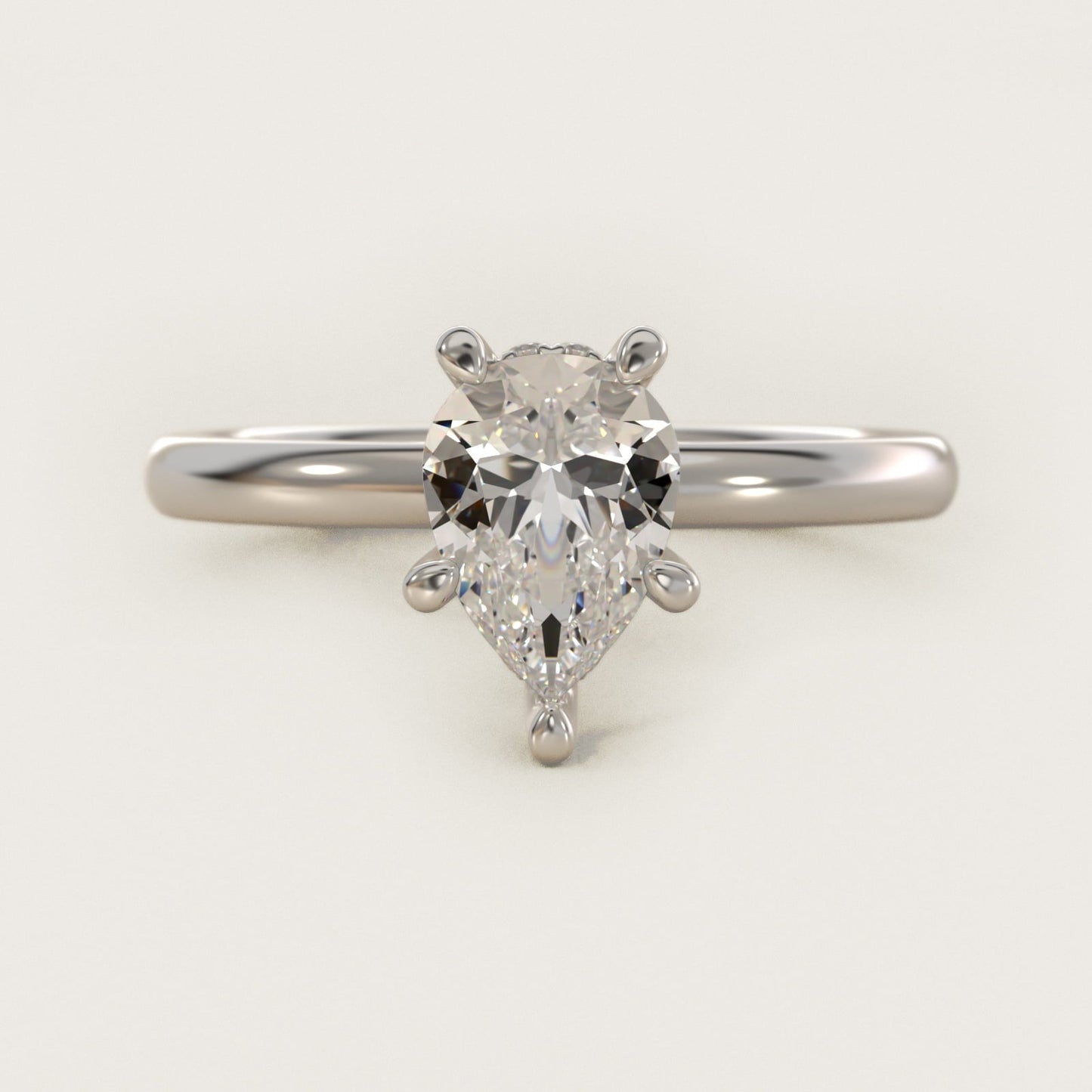 Solitaire Plus Hidden Halo Diamond Engagement Ring in 18k White Gold - Pear Center