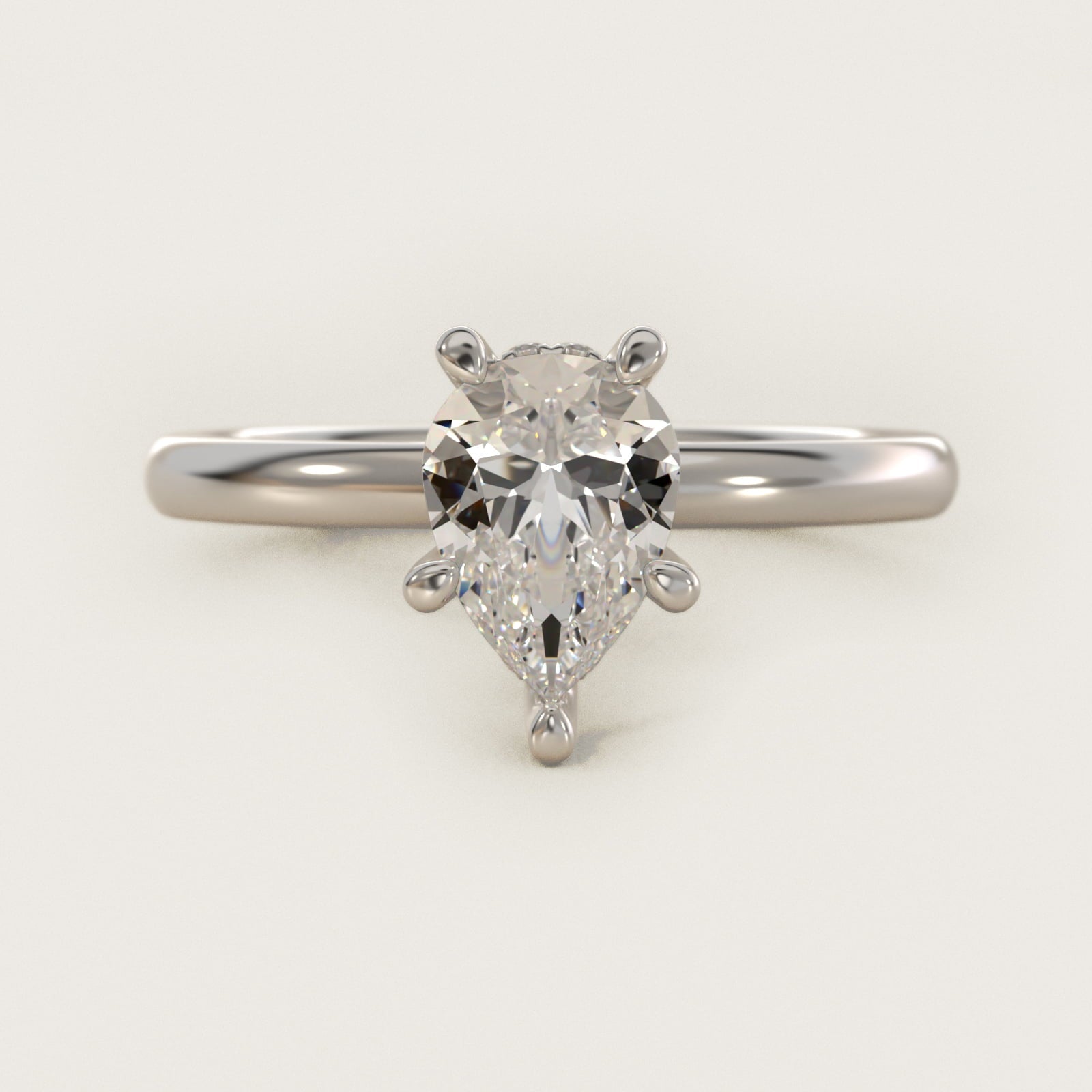 Solitaire Plus Hidden Halo Diamond Engagement Ring in 18k White Gold - Pear Center