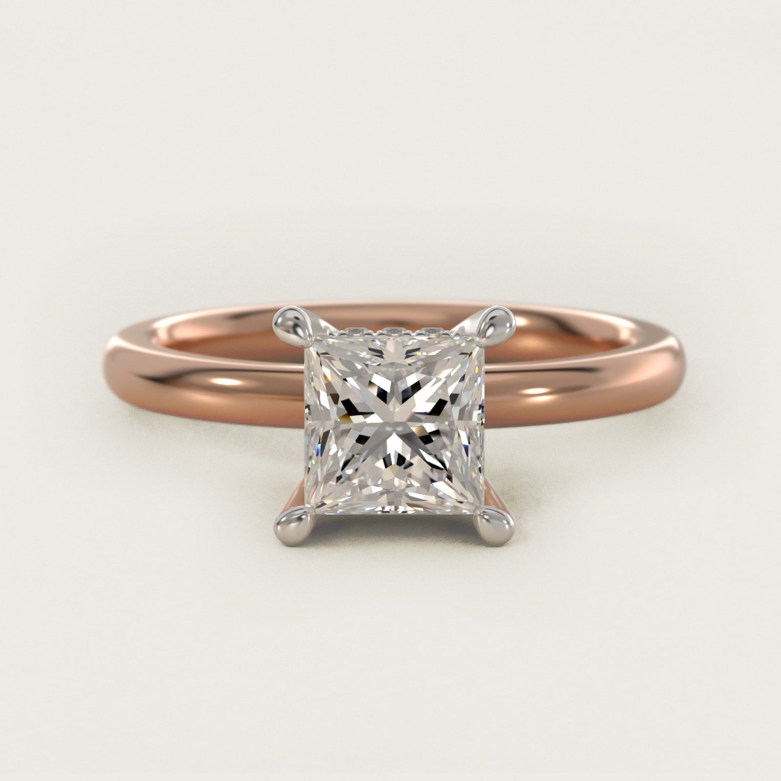 Solitaire Plus Hidden Halo Diamond Engagement Ring in 18k Rose Gold - Princess Center