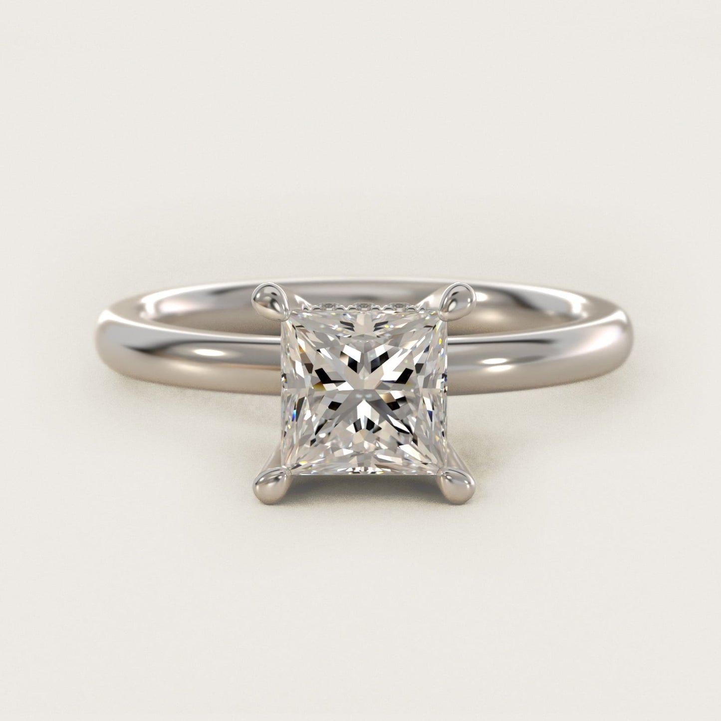 Solitaire Plus Hidden Halo Diamond Engagement Ring in 18k White Gold - Princess Center