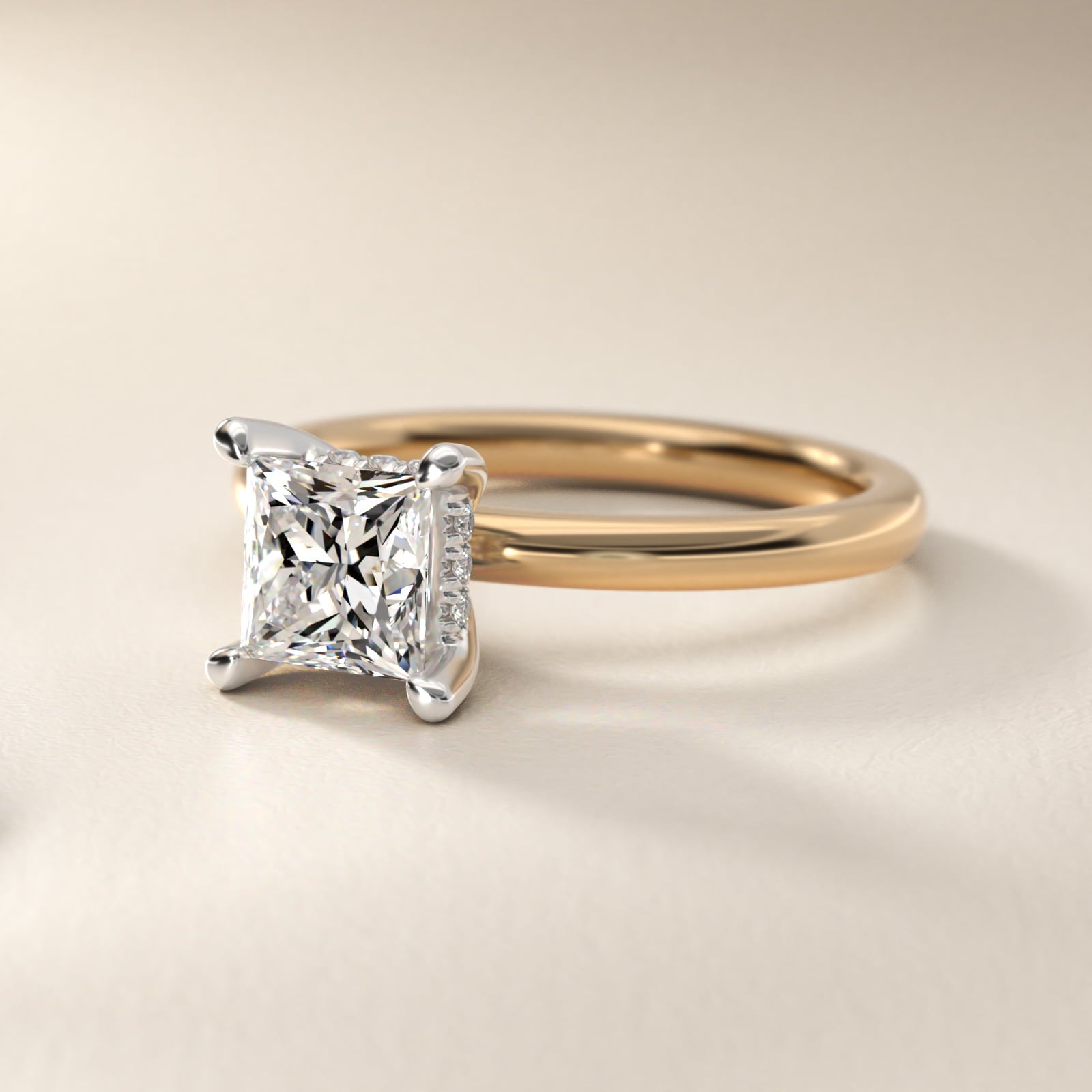 Solitaire Plus Hidden Halo Diamond Engagement Ring in 14k Yellow Gold - Princess Center