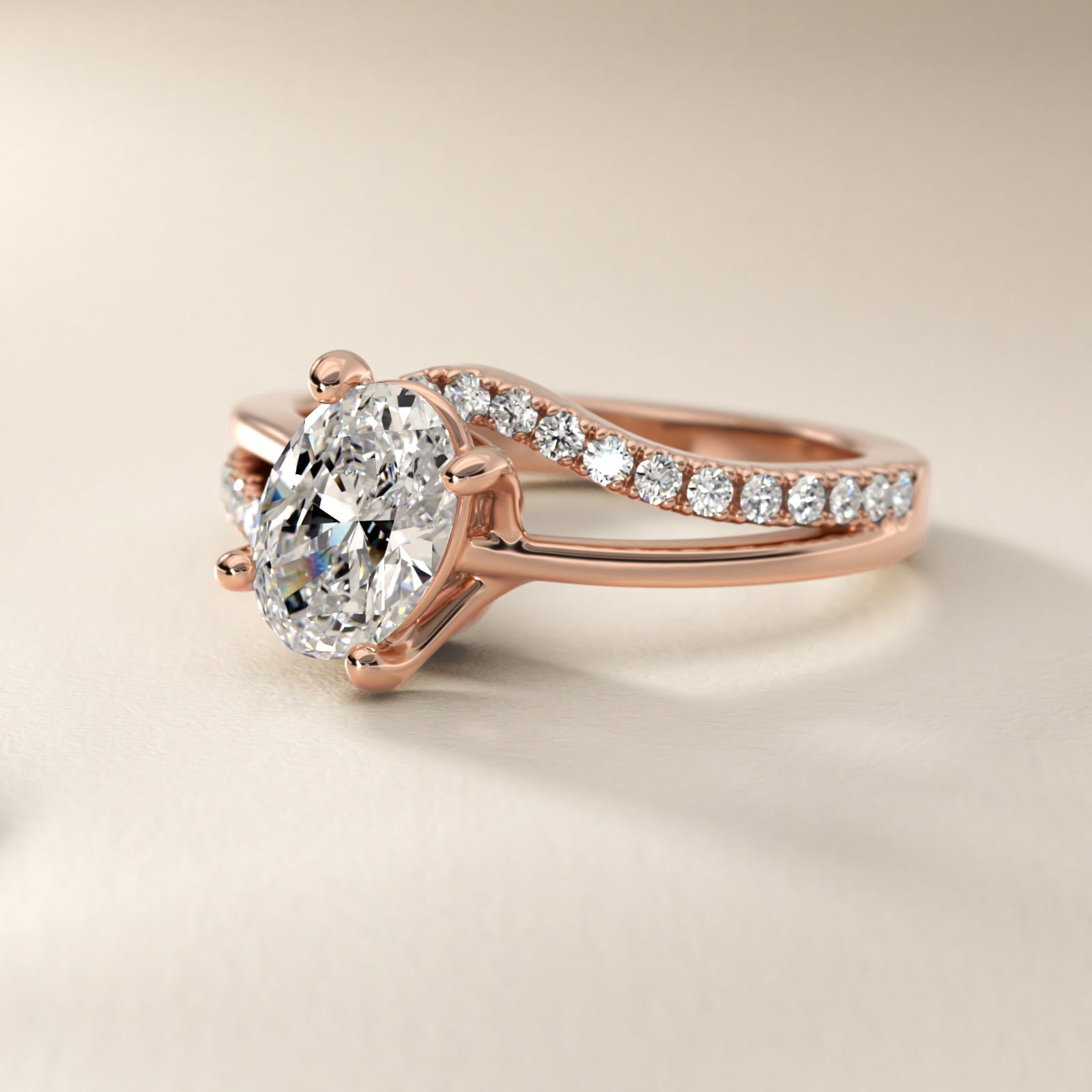Spiral PavŽ Engagement Ring in 14k Rose Gold (1/5 ct. tw.) - Oval Center