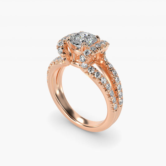 Split Semi Halo Diamond Engagement Ring in 14k Rose Gold (3/4 ct. tw) - Cushion Center