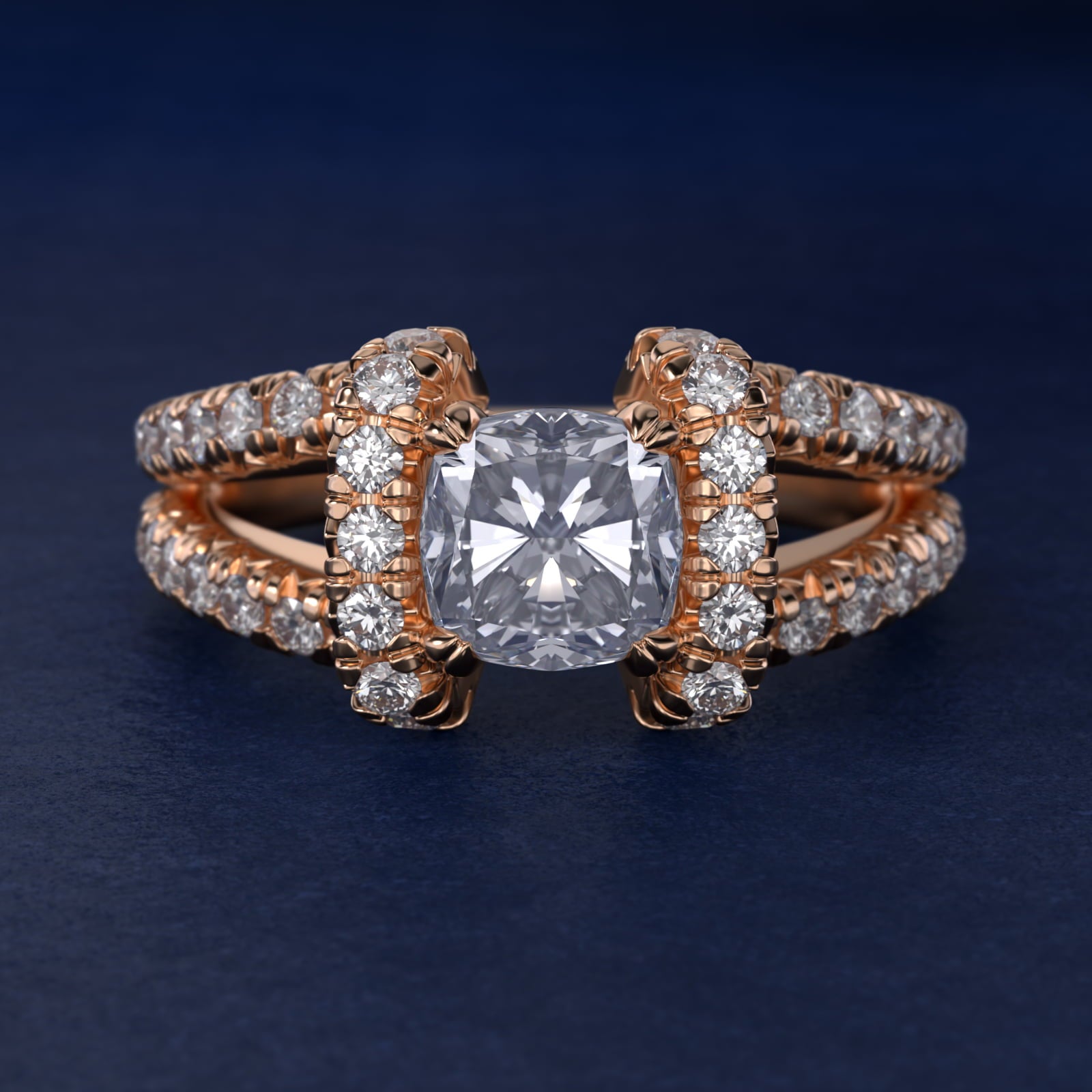 Split Semi Halo Diamond Engagement Ring in 18k Rose Gold (3/4 ct. tw) - Cushion Center