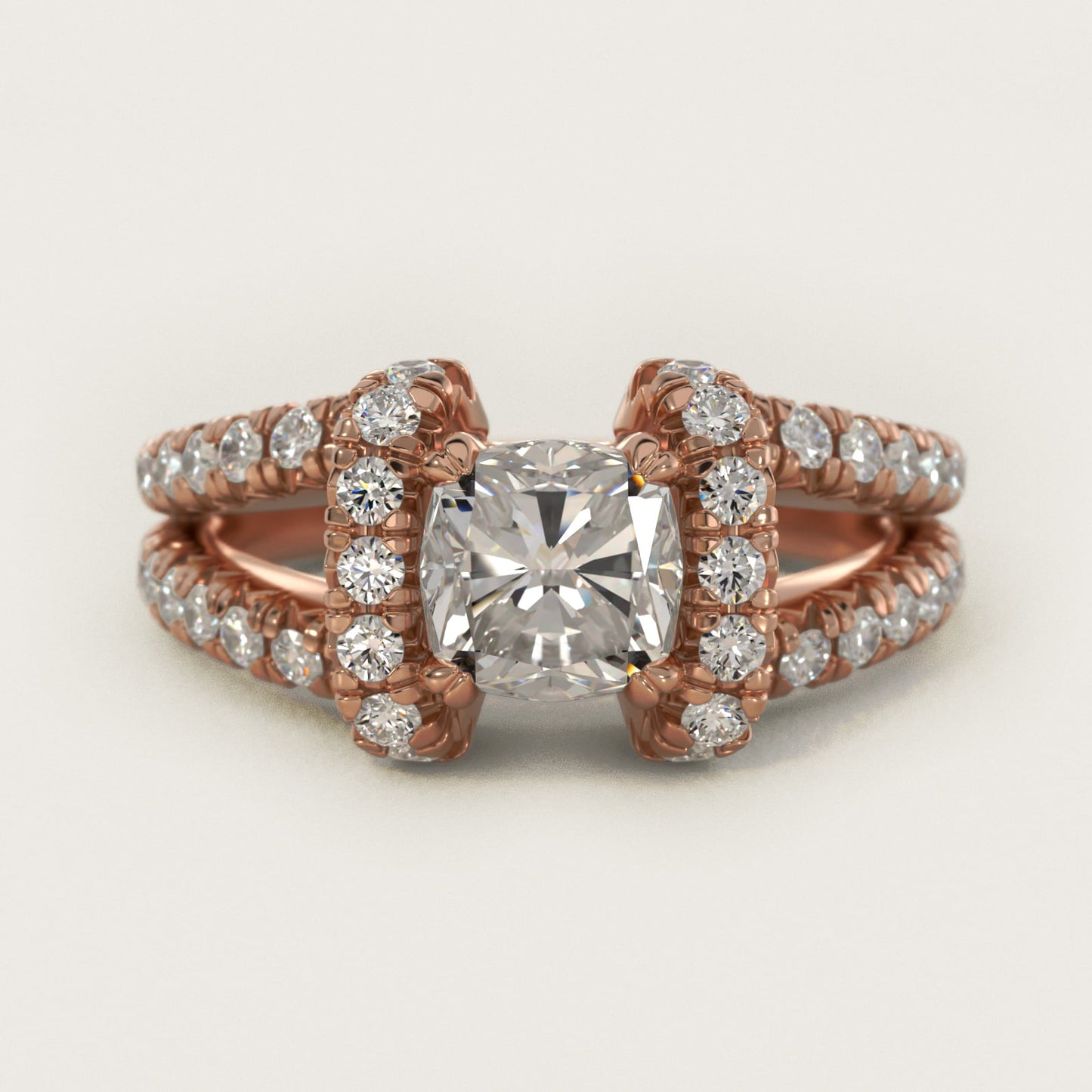 Split Semi Halo Diamond Engagement Ring in 18k Rose Gold (3/4 ct. tw) - Cushion Center