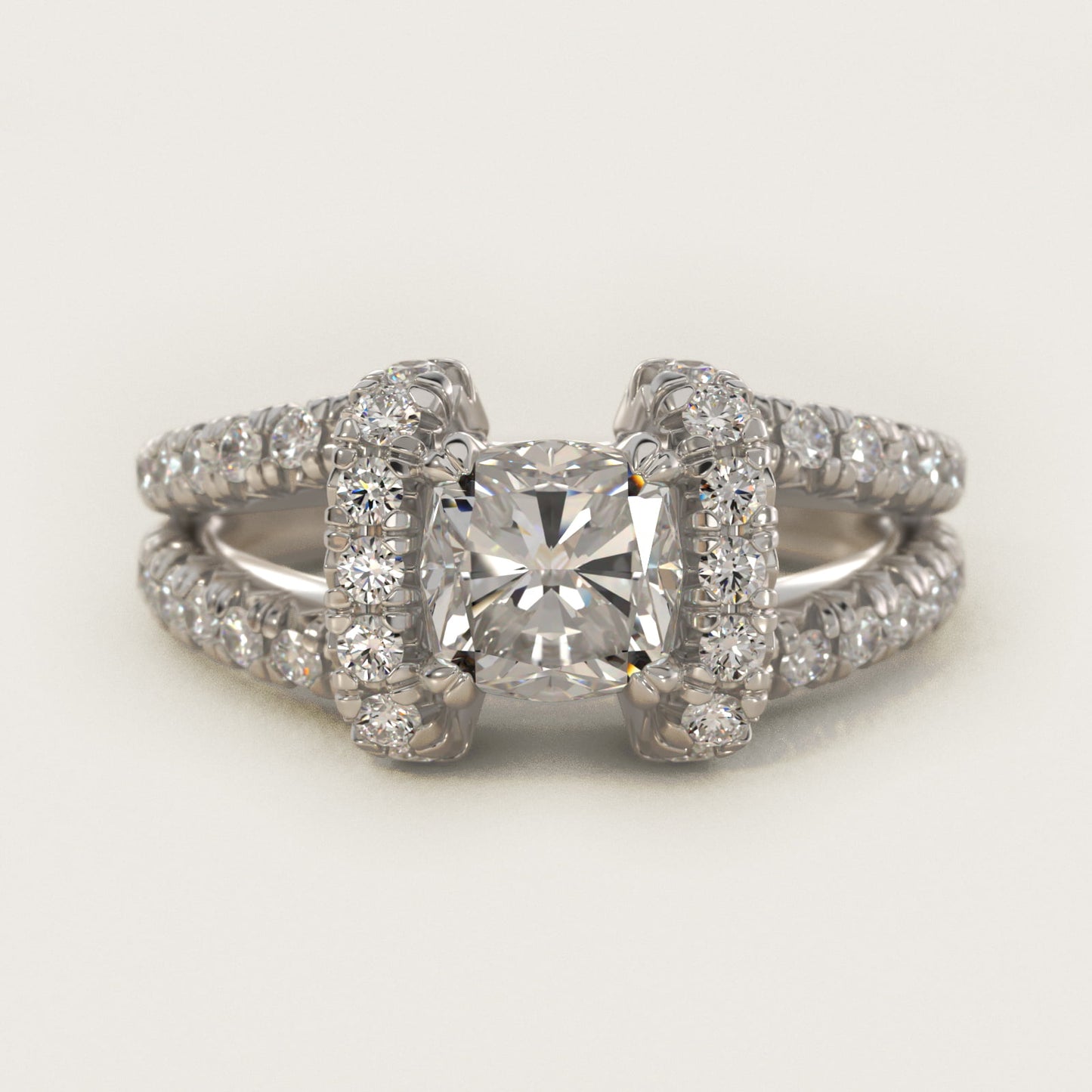 Split Semi Halo Diamond Engagement Ring in 14k White Gold (3/4 ct. tw) - Cushion Center