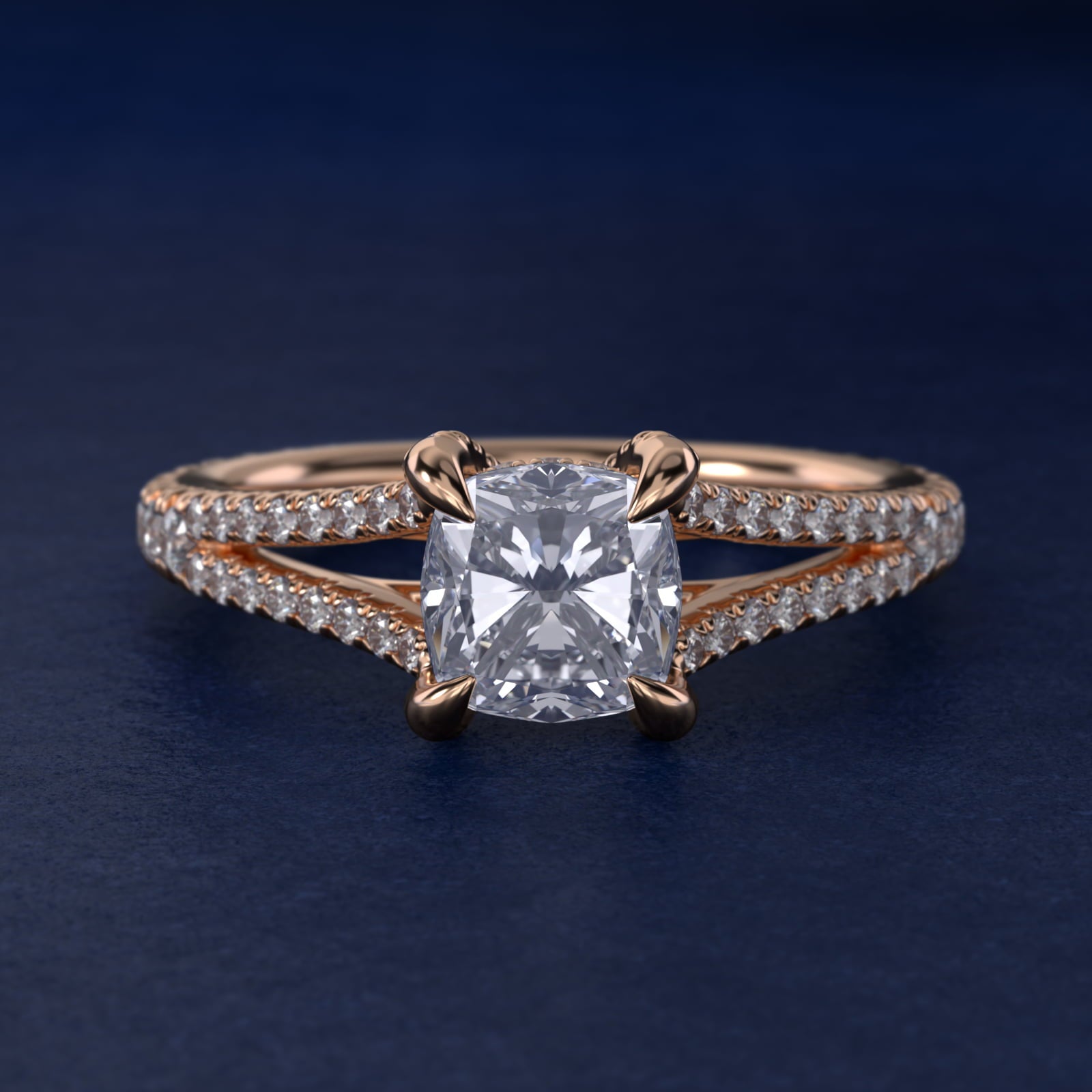 Split-Shank Diamond Engagement Ring in 14k Rose Gold - Cushion Center
