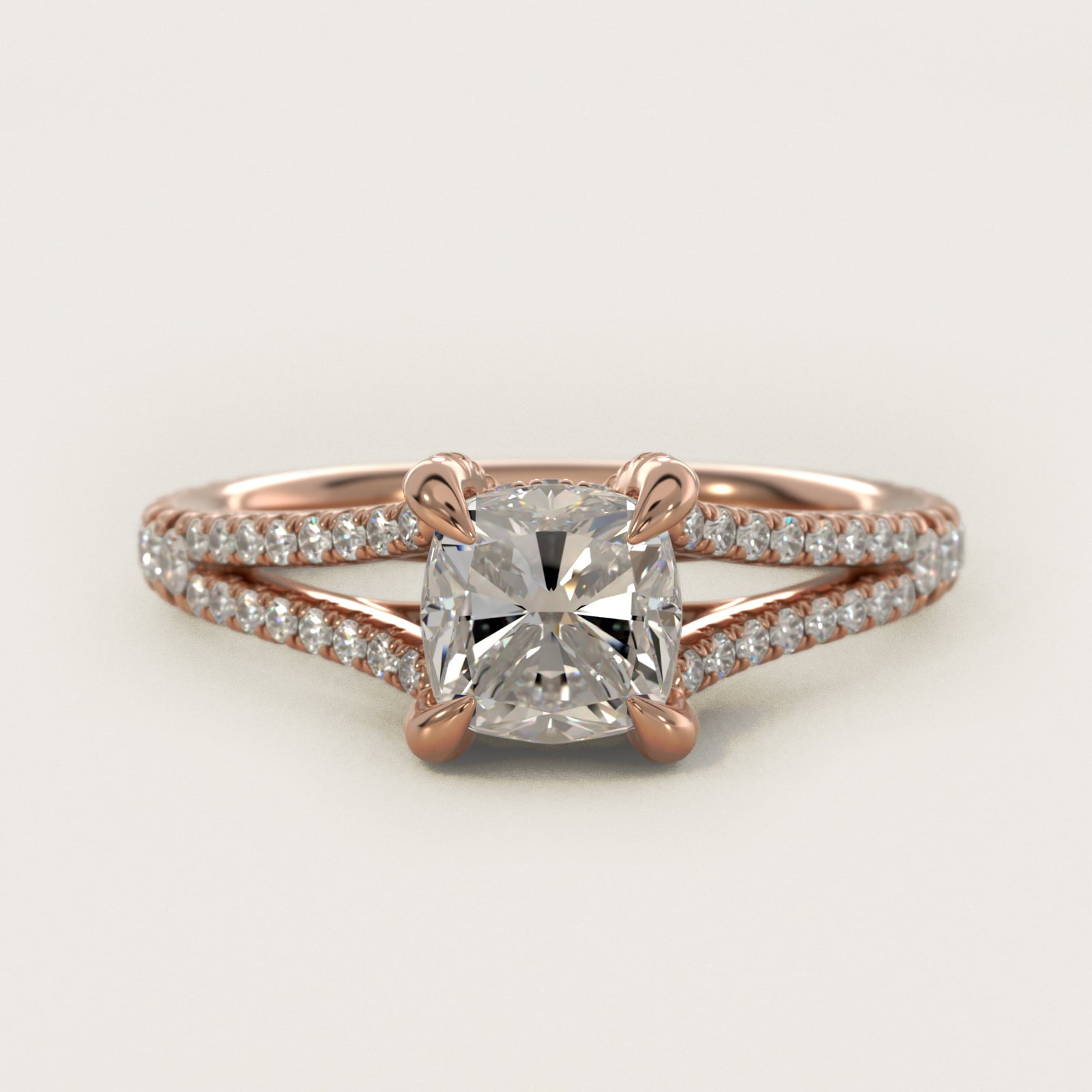 Split-Shank Diamond Engagement Ring in 18k Rose Gold - Cushion Center