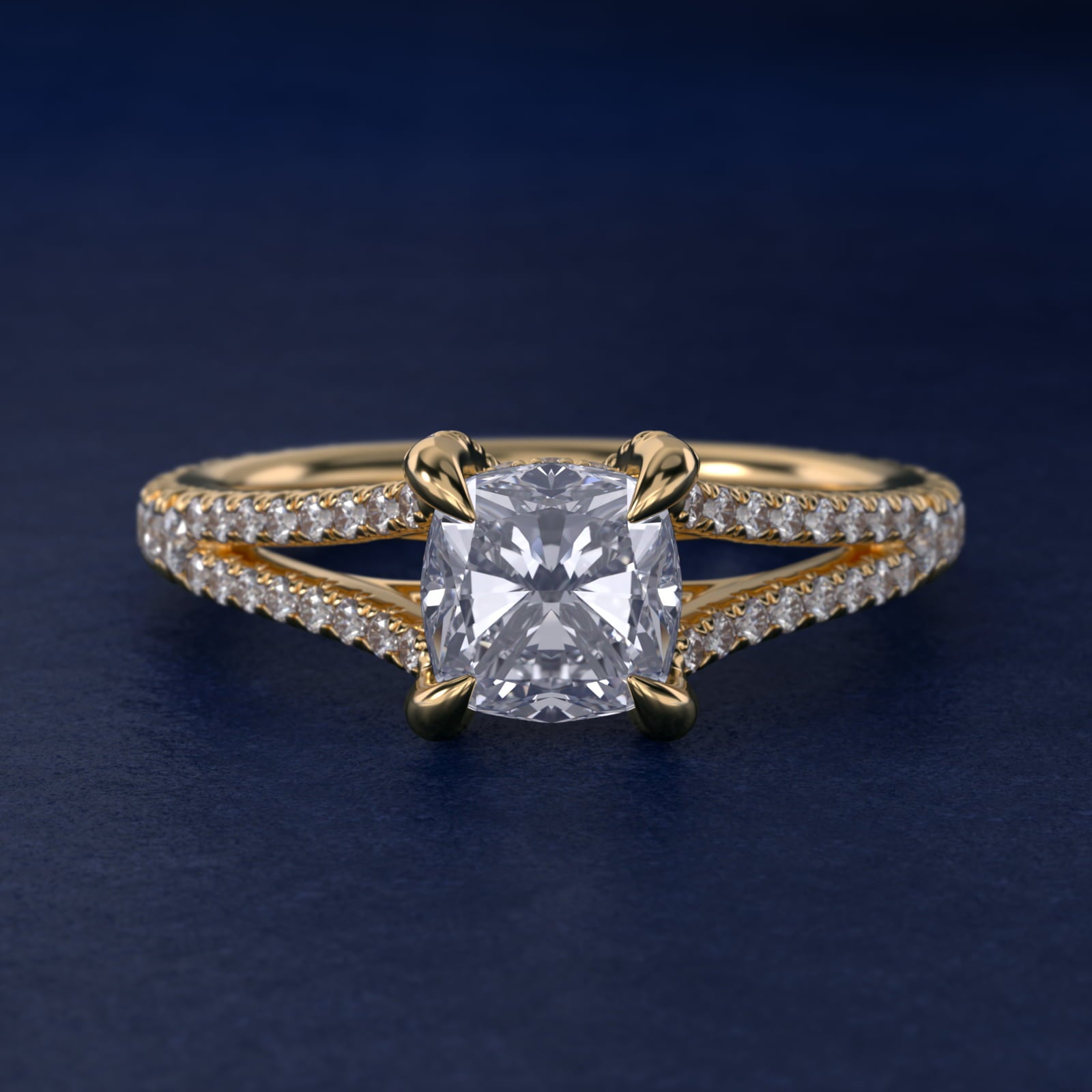 Split-Shank Diamond Engagement Ring in 18k Yellow Gold - Cushion Center