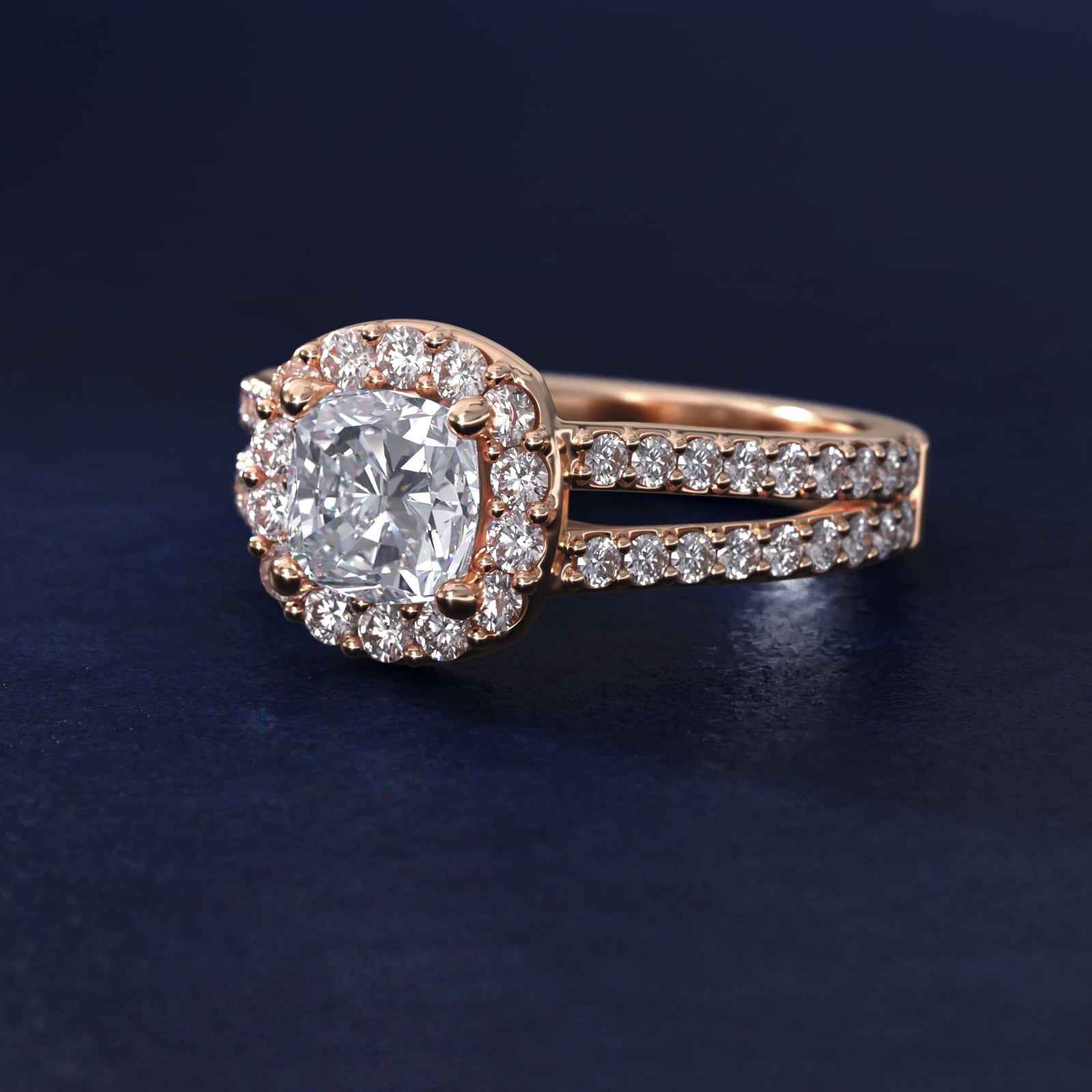 Split Shank Halo Diamond Engagement Ring in 18k Rose Gold (3/8 ct. tw.) - Cushion Center
