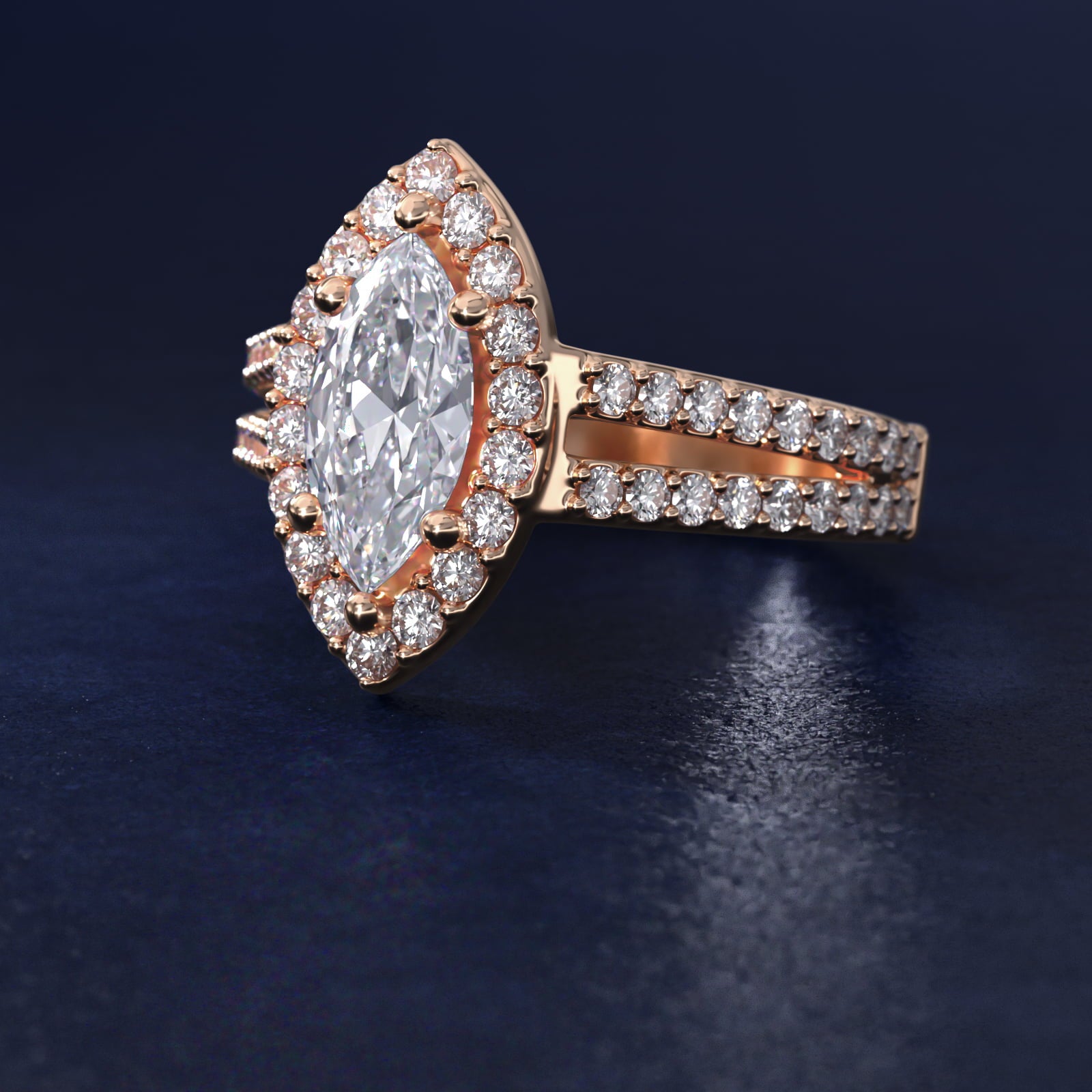 Split Shank Halo Diamond Engagement Ring in 18k Rose Gold (3/8 ct. tw.) - Marquise Center