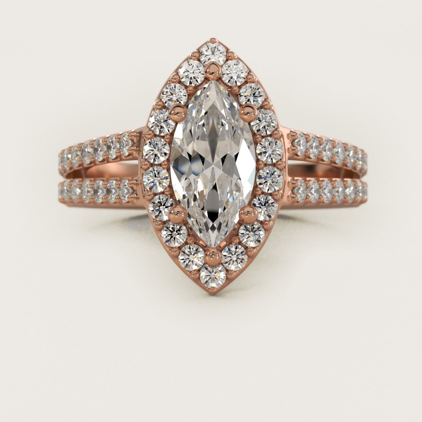 Split Shank Halo Diamond Engagement Ring in 14k Rose Gold (3/8 ct. tw.) - Marquise Center