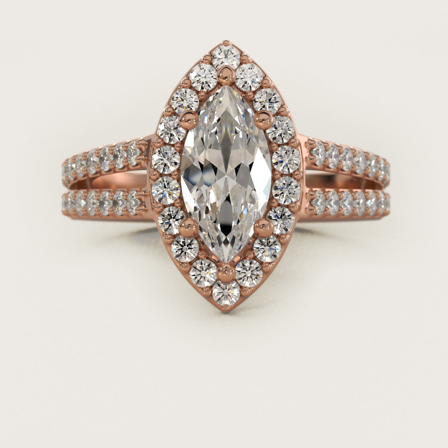 Split Shank Halo Diamond Engagement Ring in 18k Rose Gold (3/8 ct. tw.) - Marquise Center