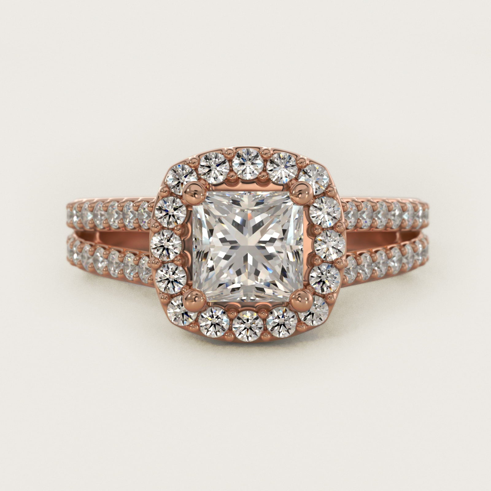 Split Shank Halo Diamond Engagement Ring in 14k Rose Gold (3/8 ct. tw.) - Princess Center