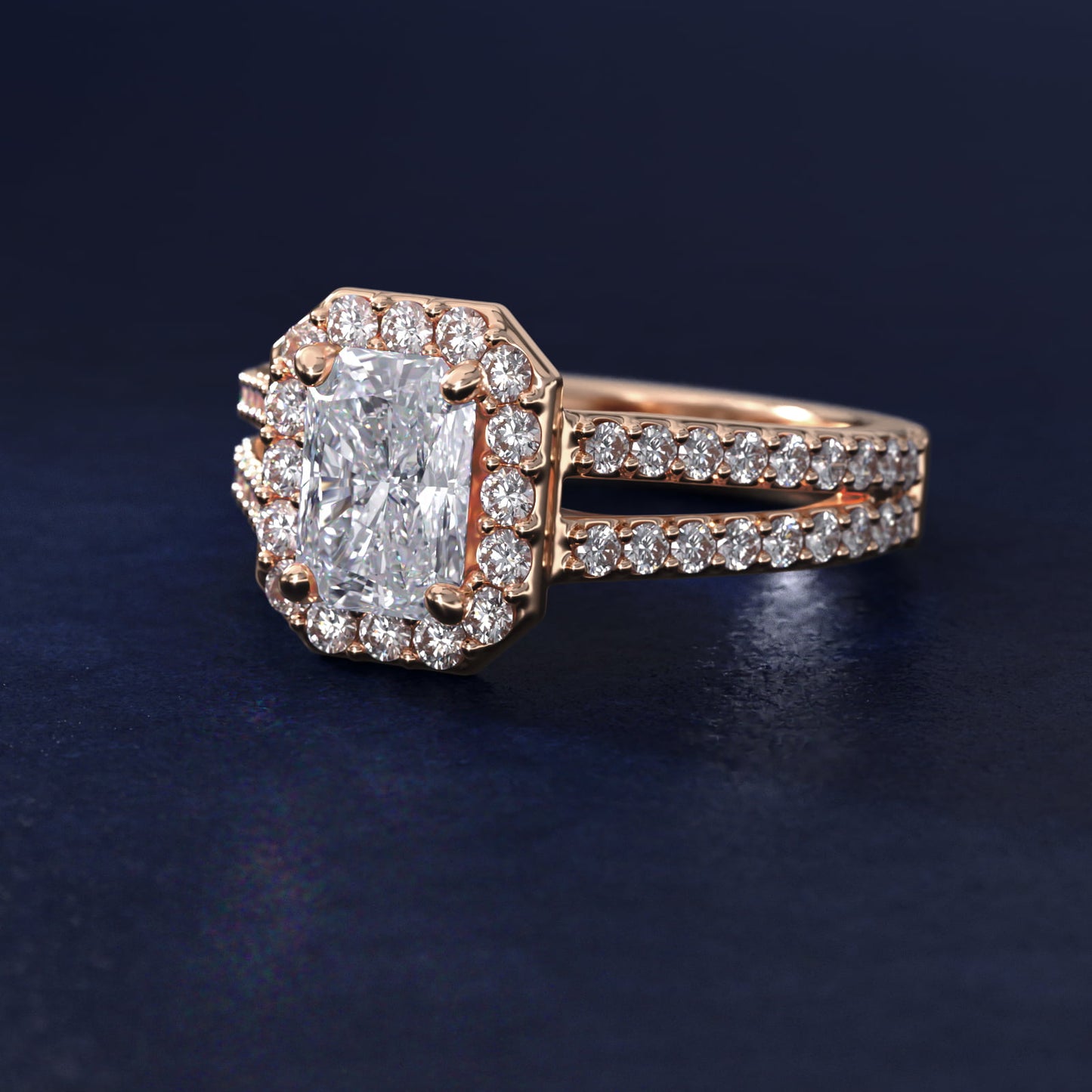 Split Shank Halo Diamond Engagement Ring in 14k Rose Gold (3/8 ct. tw.) - Radiant Center