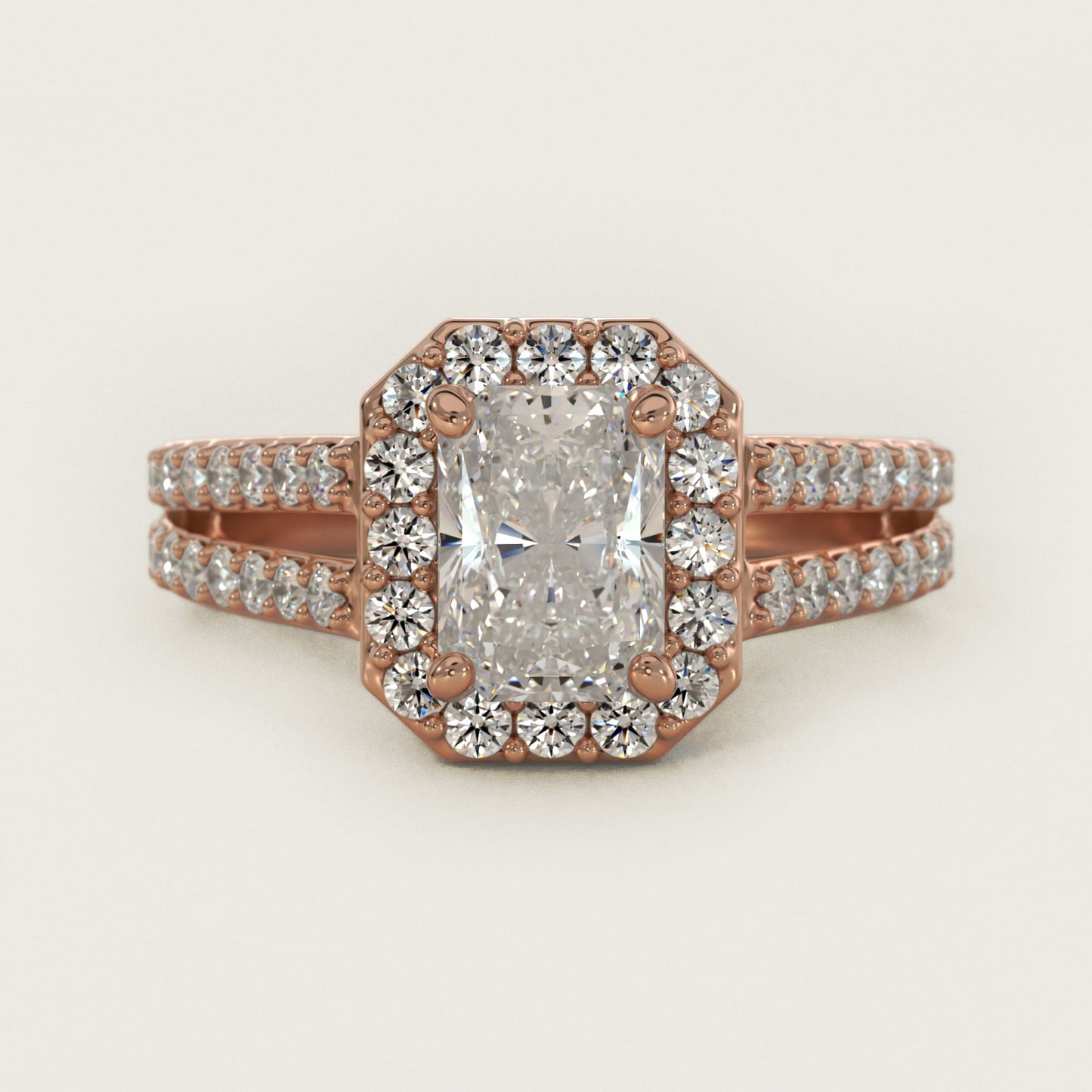 Split Shank Halo Diamond Engagement Ring in 14k Rose Gold (3/8 ct. tw.) - Radiant Center