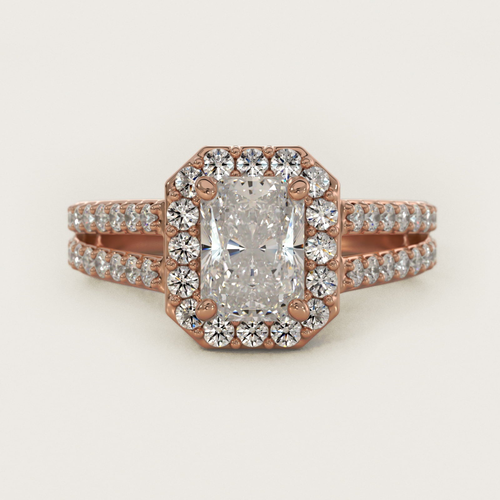 Split Shank Halo Diamond Engagement Ring in 18k Rose Gold (3/8 ct. tw.) - Radiant Center