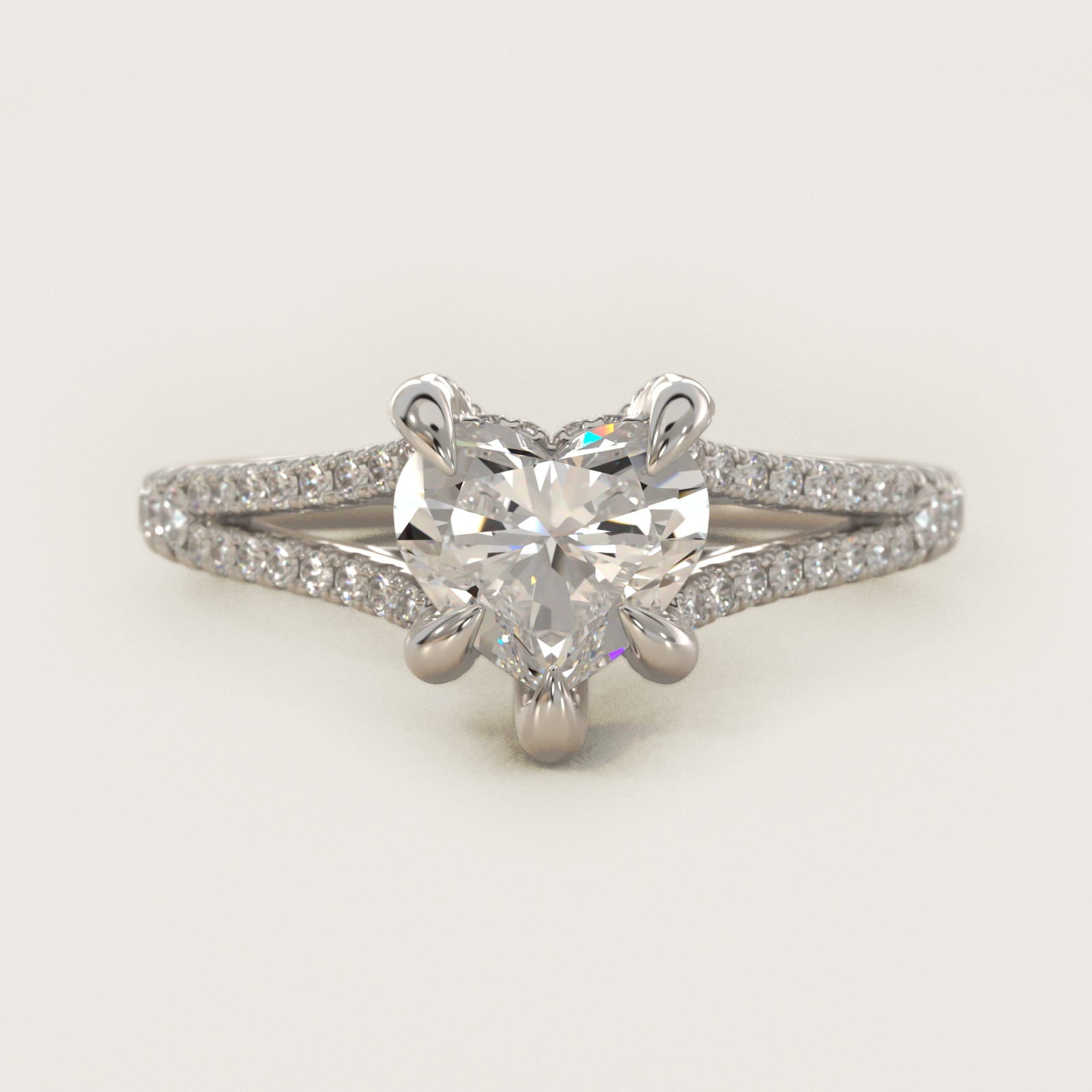 Split-Shank Diamond Engagement Ring in 18k White Gold - Heart Center