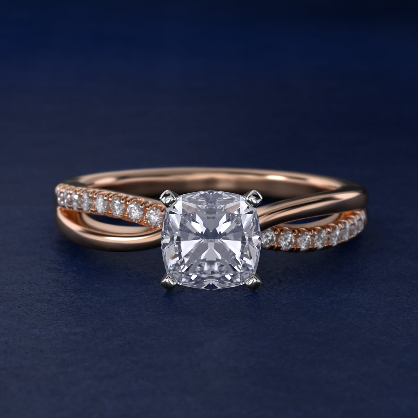 Split Shank PavŽ and Plain Shank Diamond Engagement Ring in 14k Rose Gold (1/10 ct. tw.) - Cushion Center