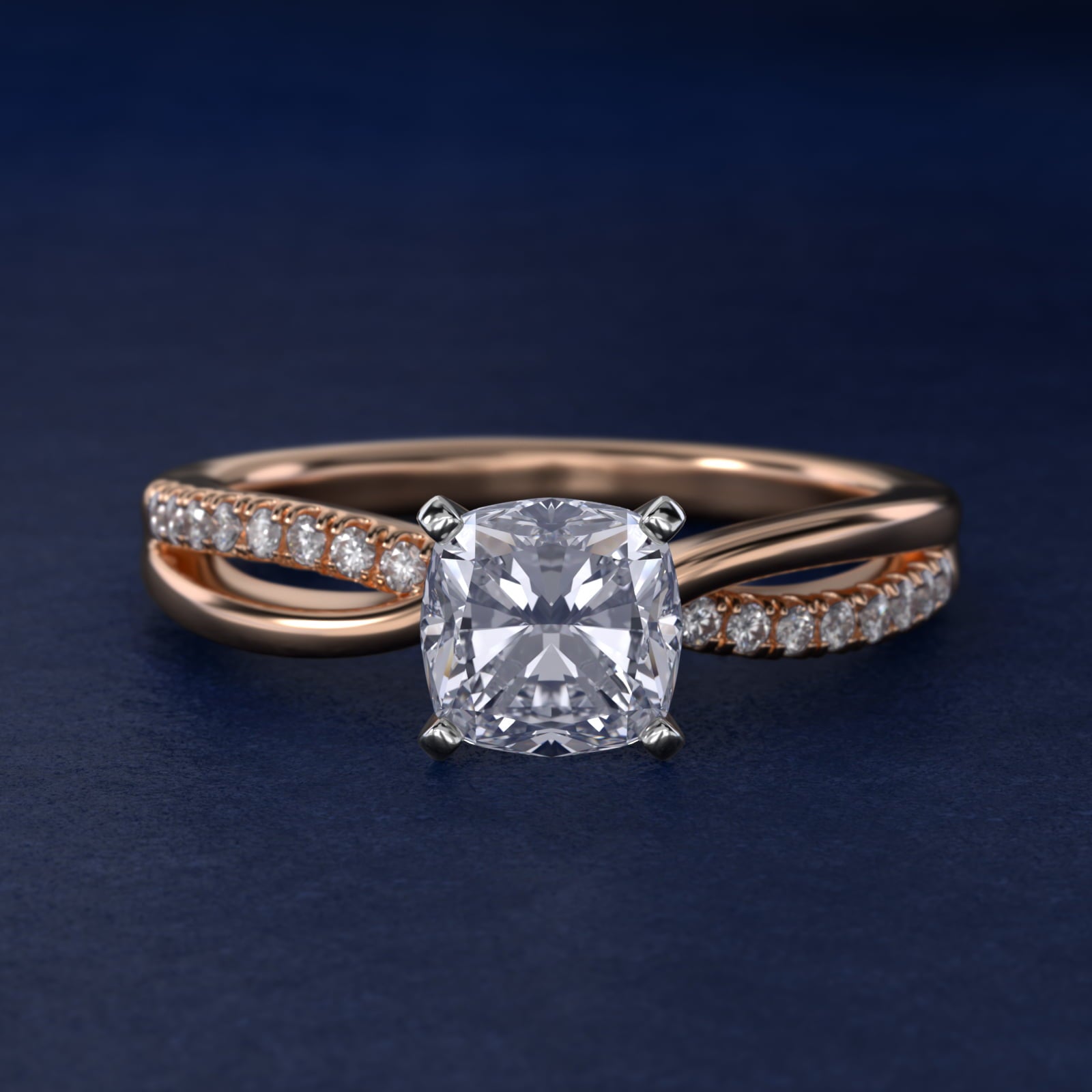 Split Shank PavŽ and Plain Shank Diamond Engagement Ring in 14k Rose Gold (1/10 ct. tw.) - Cushion Center