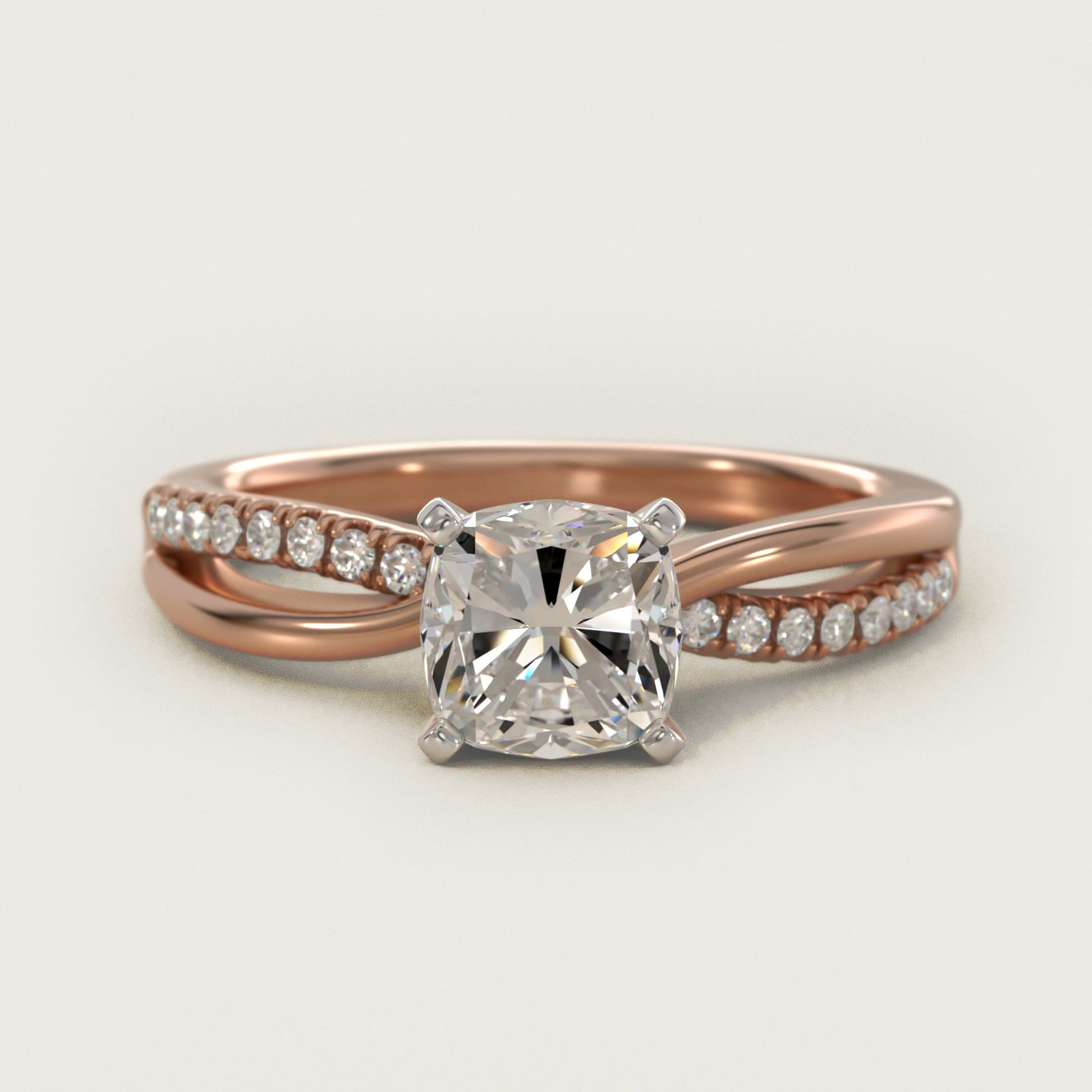 Split Shank Pav? and Plain Shank Diamond Engagement Ring in 18k Rose Gold (1/10 ct. tw.) - Cushion Center