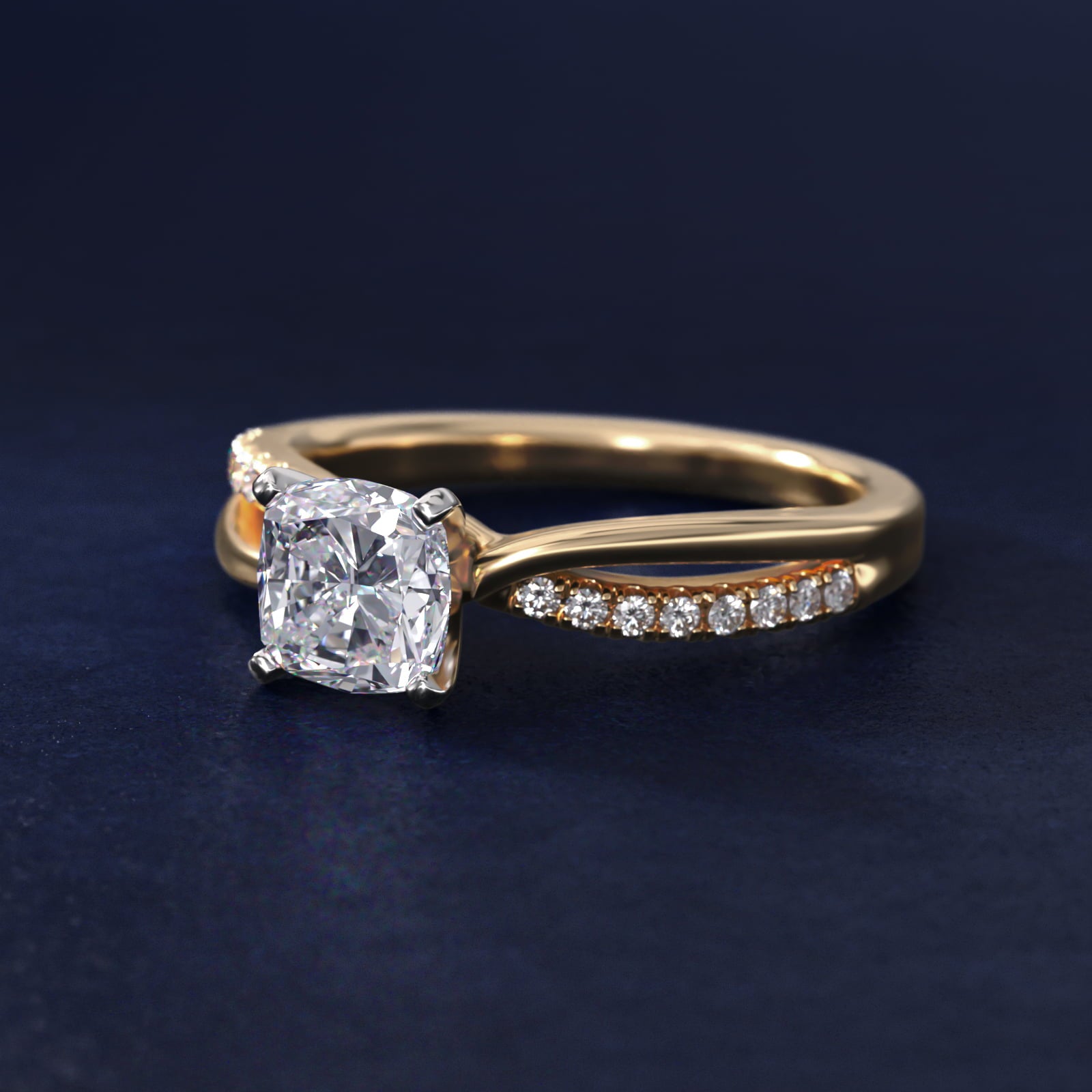 Split Shank Pav? and Plain Shank Diamond Engagement Ring in 18k Yellow Gold (1/10 ct. tw.) - Cushion Center