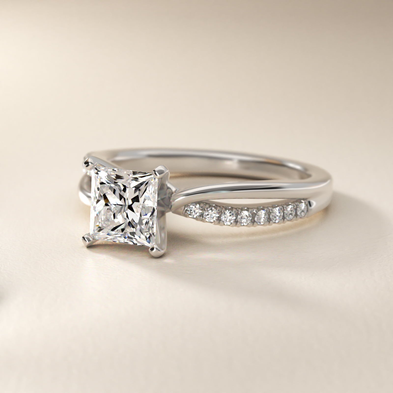 Split Shank Pav? and Plain Shank Diamond Engagement Ring in 18k White Gold (1/10 ct. tw.) - Princess Center