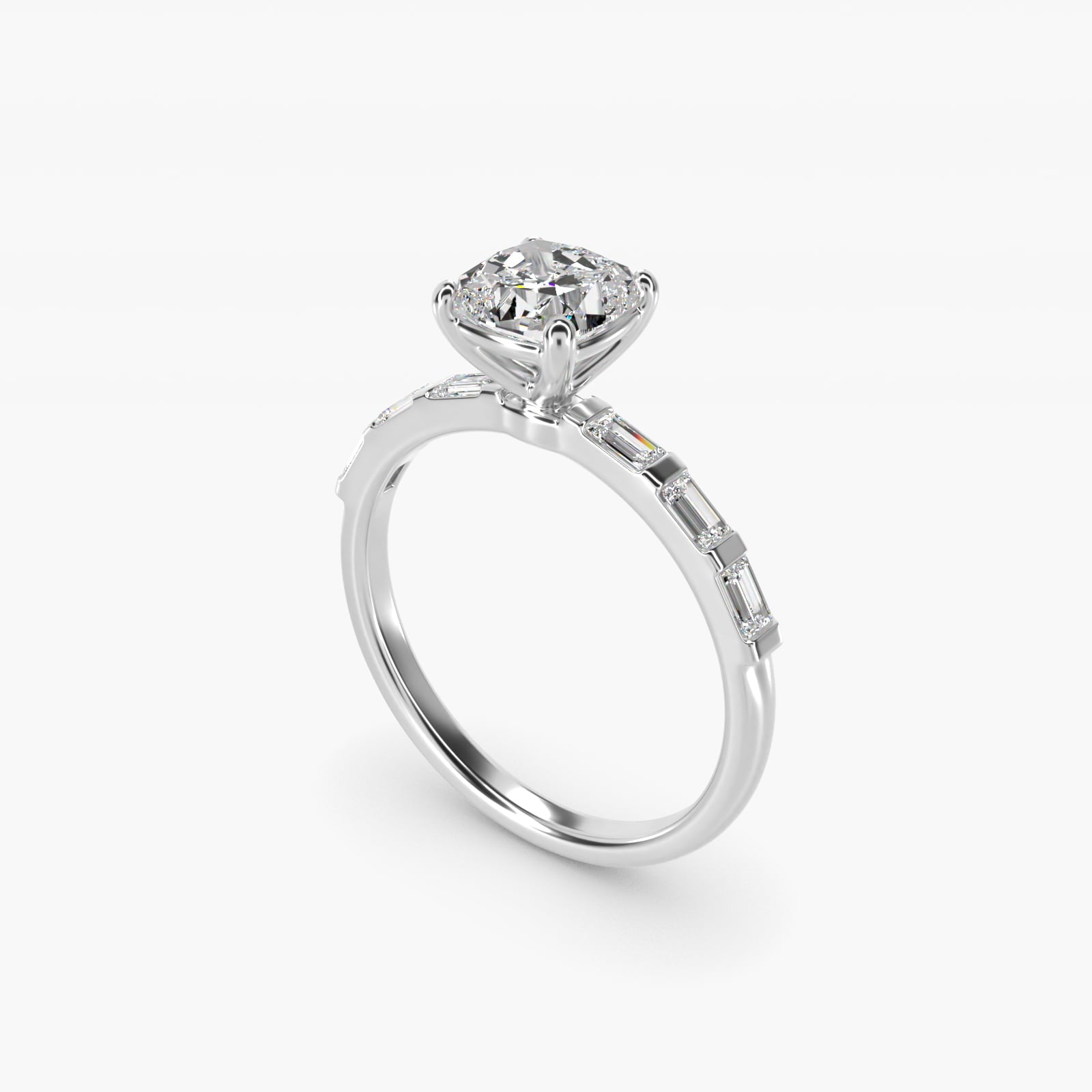 Straight Baguette Row Side Stone Diamond Engagement Ring In 18k White Gold By James Allen - Cushion Center